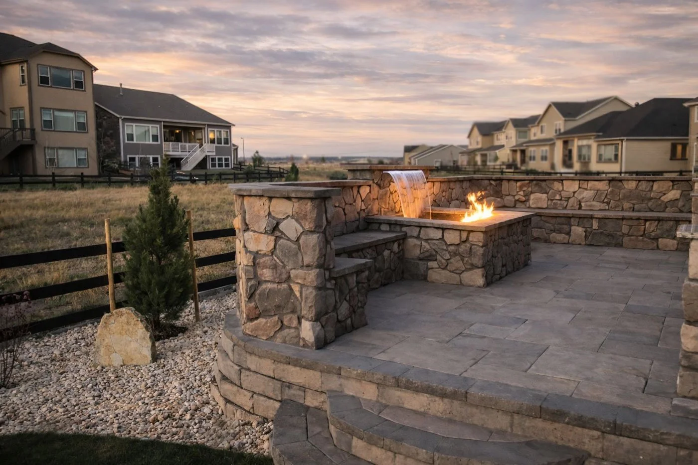 A backyard patio with a stone fire pit and a small waterfall feature, surrounded by residential houses at sunset.