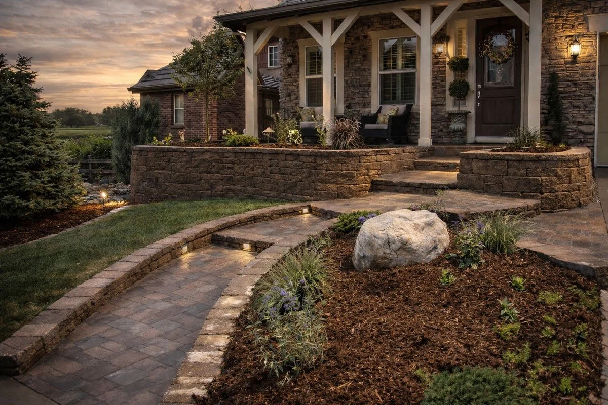 Front porch of a house with outdoor seating, stone walkway, landscaped garden with flowers and a large rock, and soft lighting at sunset.