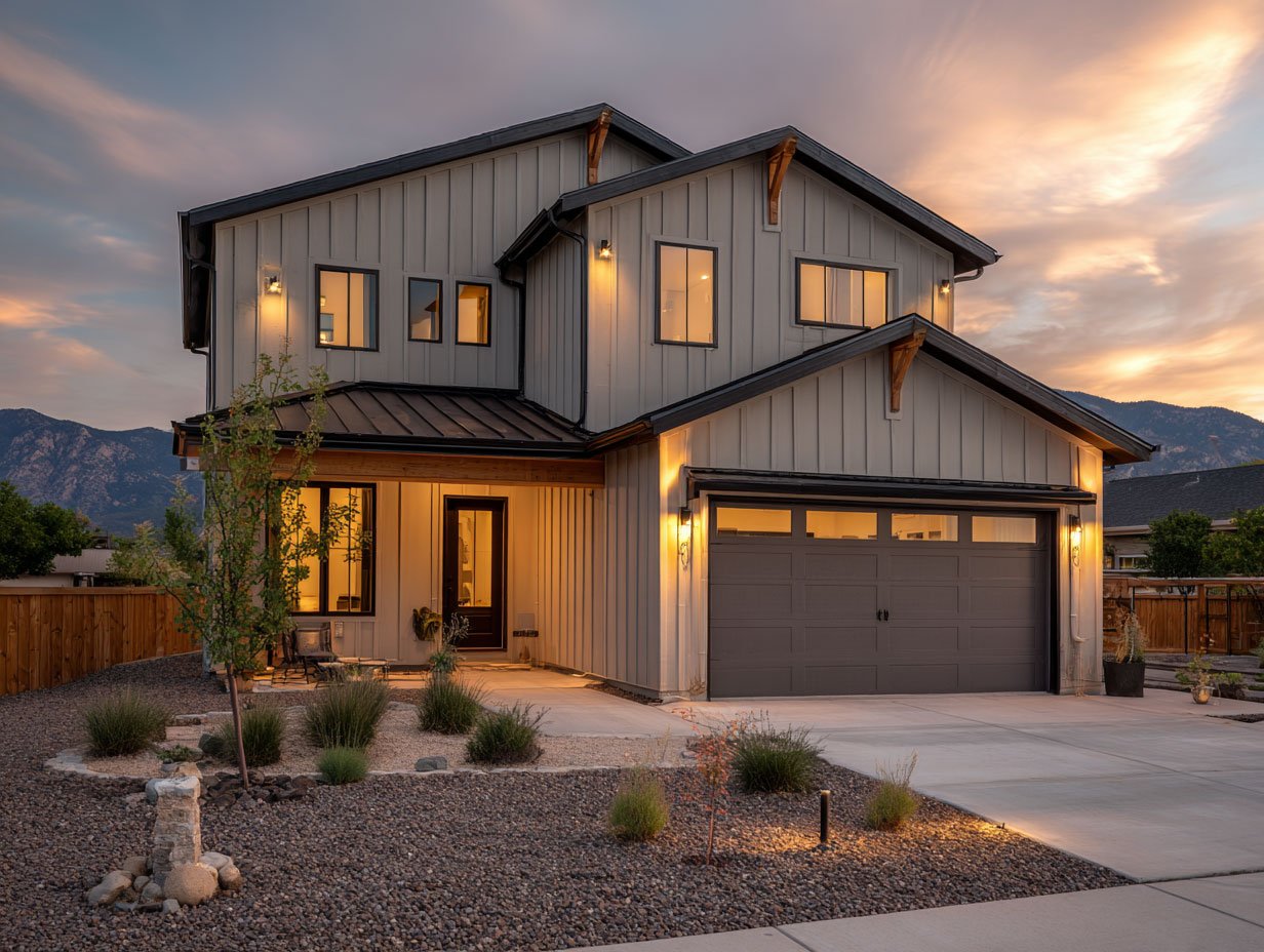 Modern two-story house with gray exterior, black garage door, illuminated windows and outdoor lights, landscaped front yard with dry plants and rocks, mountain backdrop at dusk.