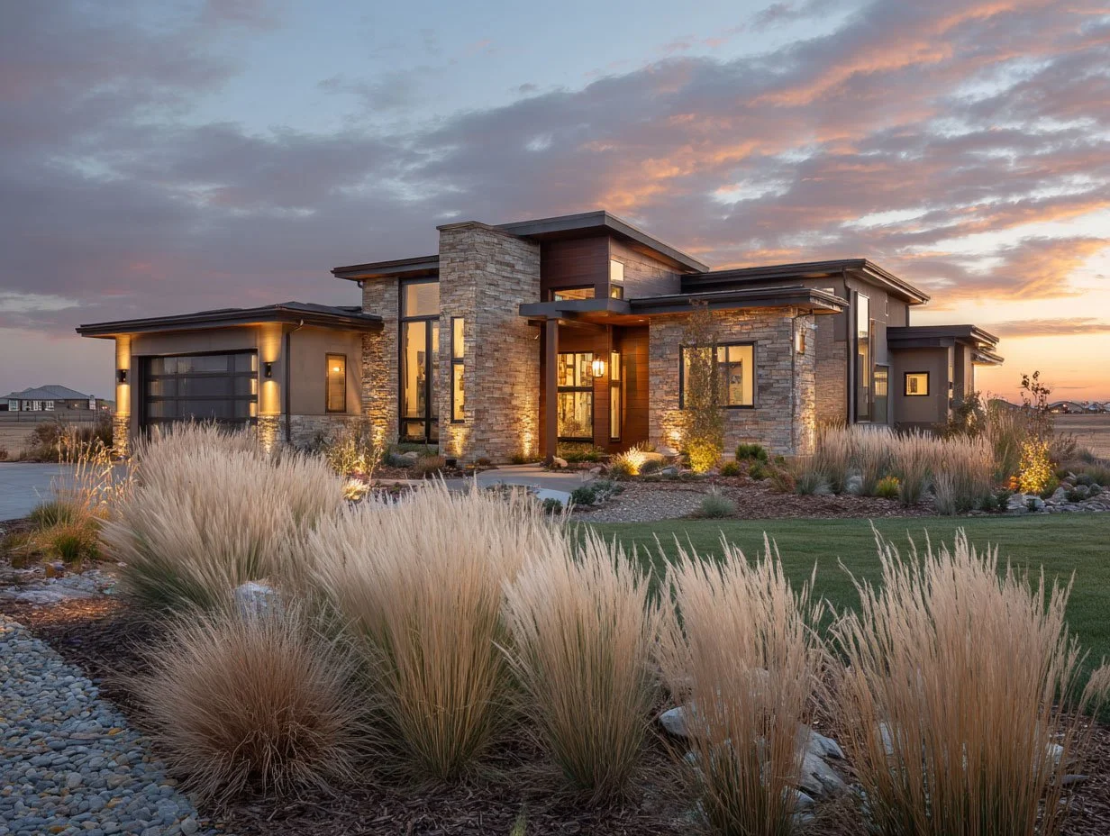 Modern house during sunset with illuminated windows, stone and wood exterior, landscaped yard with ornamental grasses, rocks, and small plants.