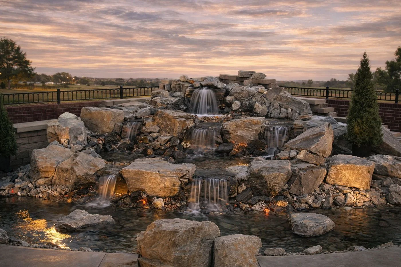 A landscaped waterfall feature with multiple small cascading waterfalls over large rocks, surrounded by a brick and metal railing, under a colorful, cloudy sunset sky.