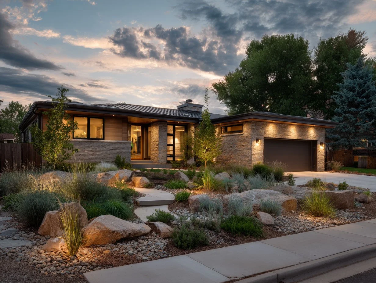 Modern house with stone and wood exterior, illuminated by outdoor lighting, surrounded by a landscaped yard with rocks, plants, and trees during dusk.