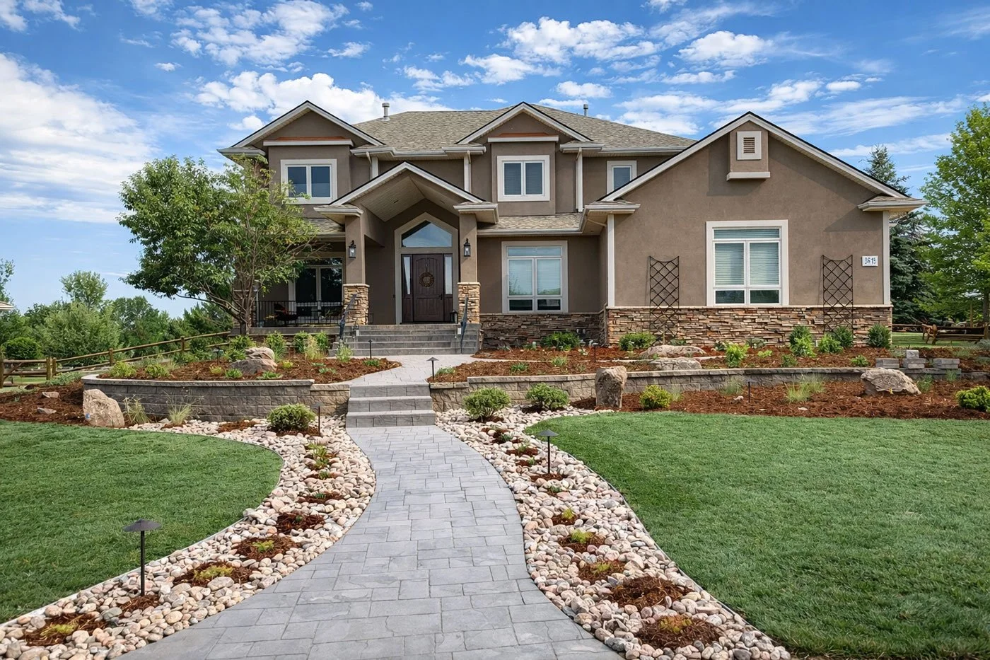 A modern two-story house with a landscaped front yard, stone pathway, green lawn, and partly cloudy sky.