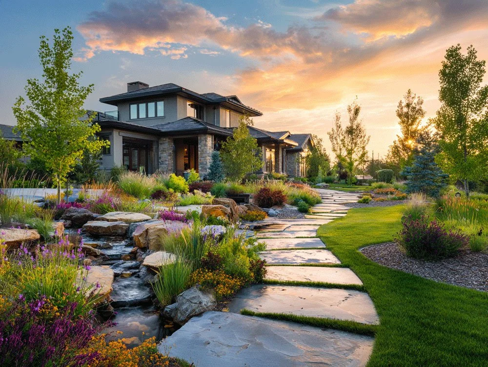 Beautiful house with a landscaped front yard, a stone pathway, and a small waterfall with colorful flowers, trees, and shrubs at sunset.