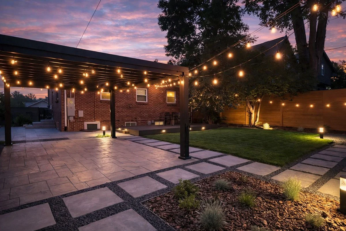 A backyard patio at dusk with string lights hanging overhead, a grassy lawn, stepping stones, and a wooden fence with trees and a house in the background.