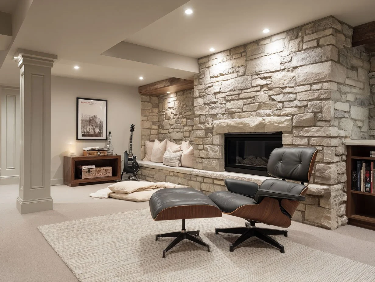 Living room with a stone fireplace, black leather lounge chair with wooden frame, area rug, guitar, and a bookshelf.