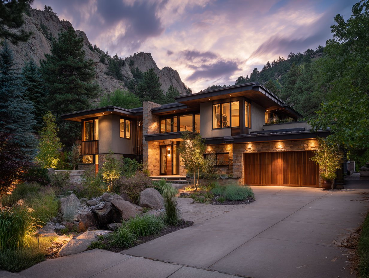 Modern house with large windows and stone accents, situated in a mountainous wooded area during dusk, with an illuminated driveway and landscaped garden.