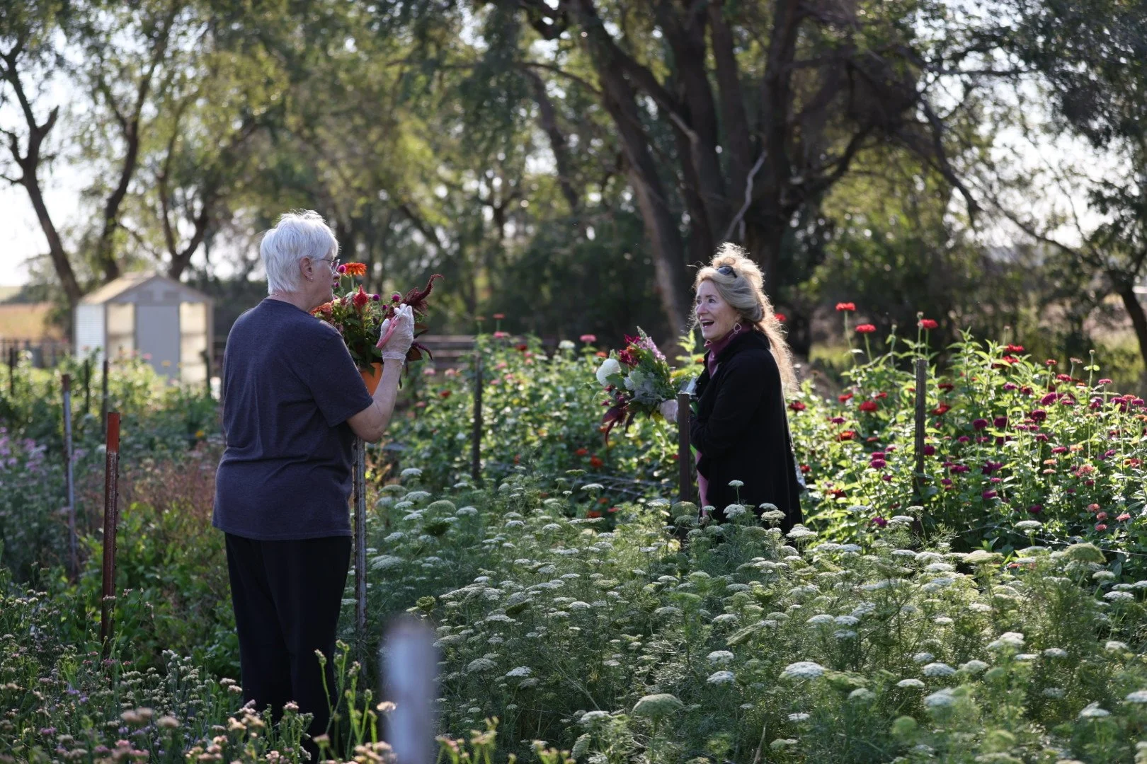 Two women exchanging flowers in a lush garden with colorful flowers and trees in the background.