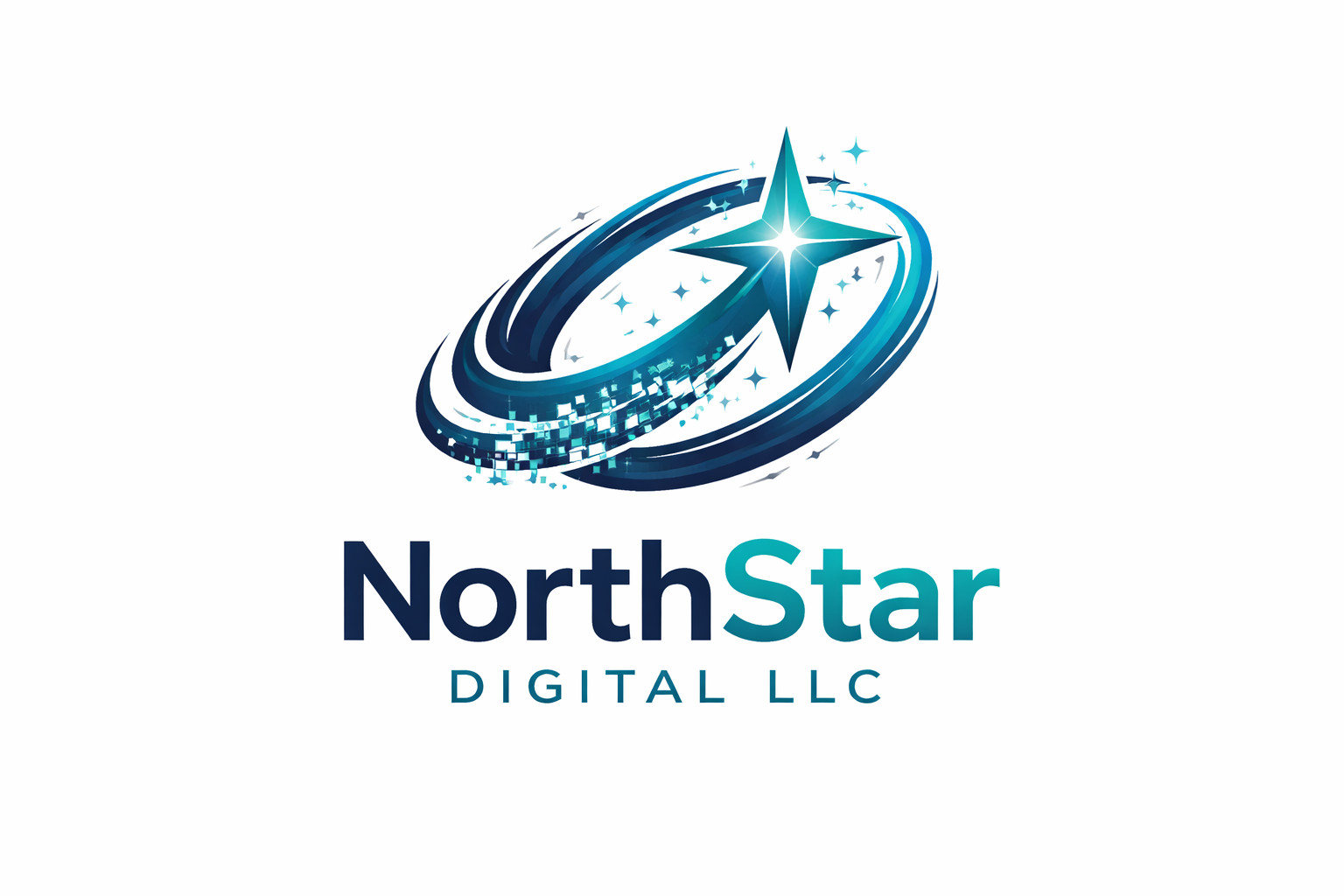 Logo of NorthStar Digital LLC featuring a stylized star surrounded by swirling lines and digital pixel elements, with the company name below.