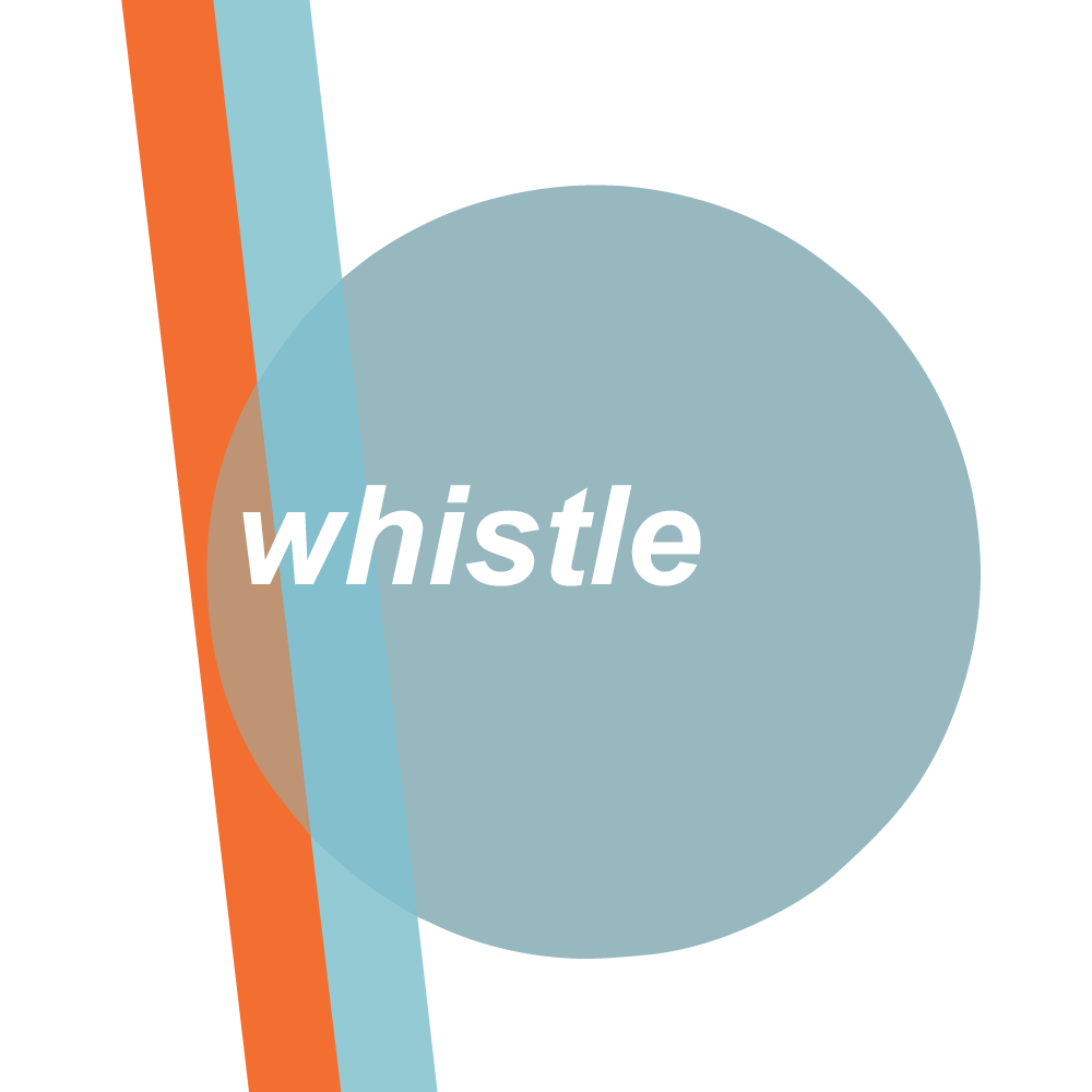 Graphic with the word 'whistle' on a blue circle, with overlapping colored shapes including orange, beige, and light blue.