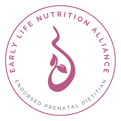 Logo for Early Life Nutrition Alliance featuring a pink stylized snake with a leaf, and blue text reading "Endorsed Prenatal Dietary"