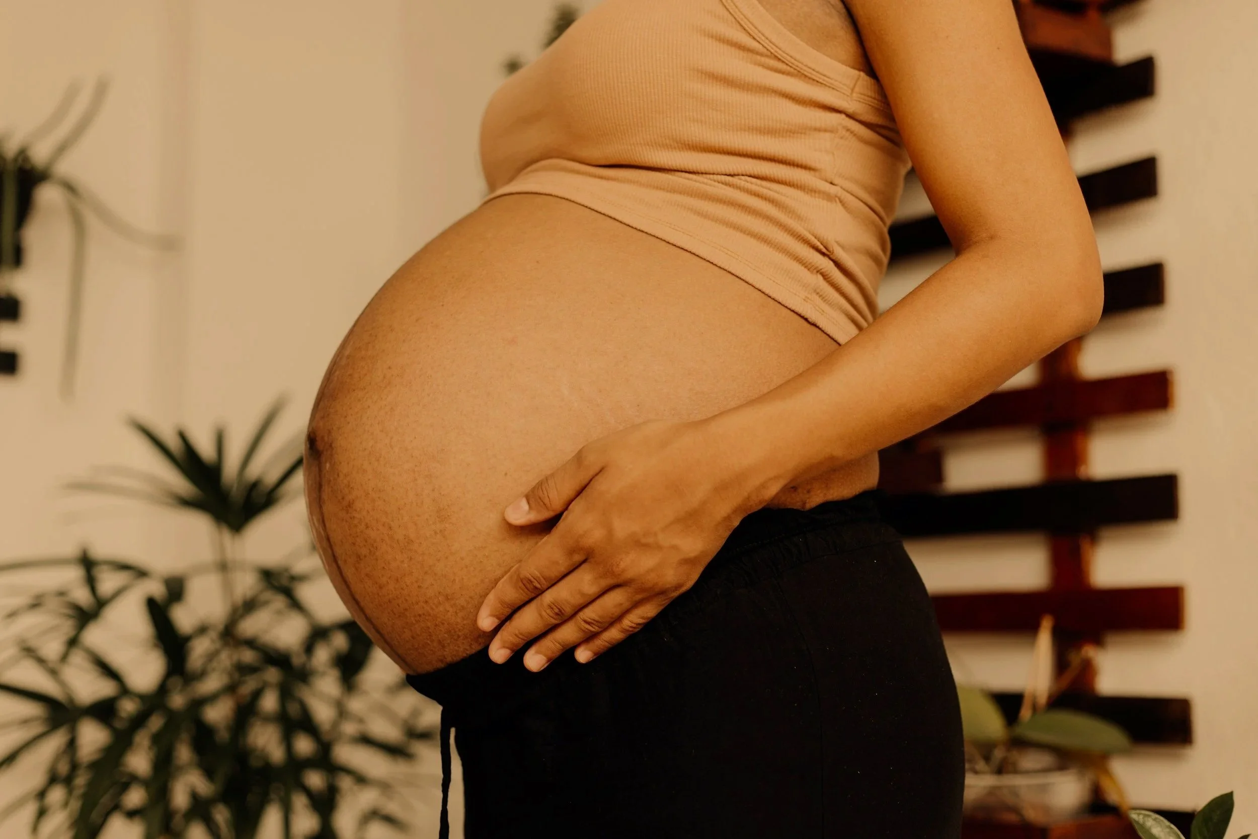 Close-up of a pregnant person holding their belly, wearing a beige shirt and black pants, indoors with plants and wooden shelves in the background.