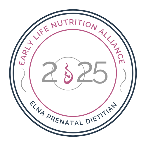Logo for Early Life Nutrition Alliance featuring the year 2025, a stylized pregnant figure, and the name Elna Prenatal Dietitian