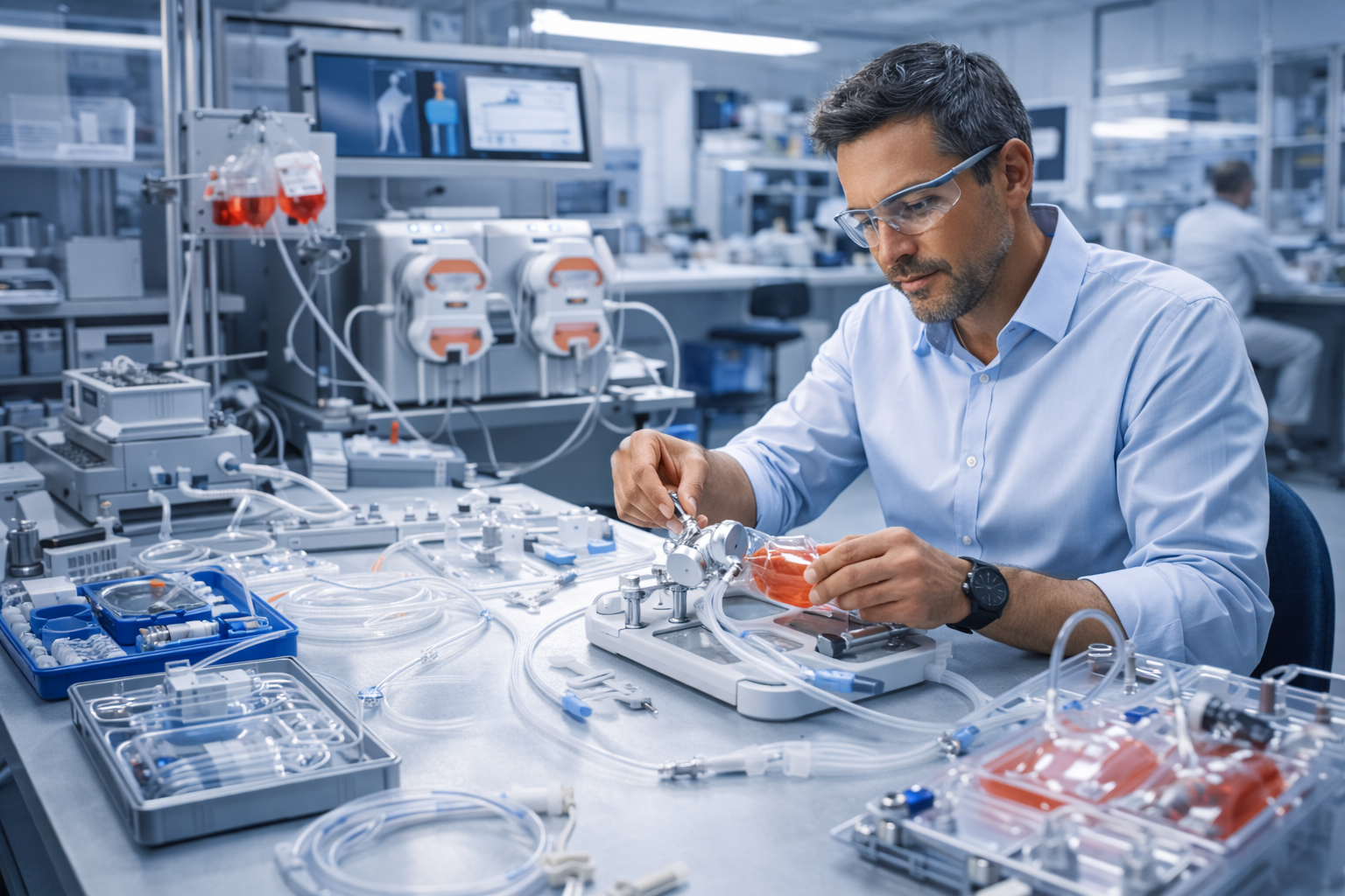 A scientist in a laboratory working with sterile equipment and tubing, wearing safety glasses and a watch.