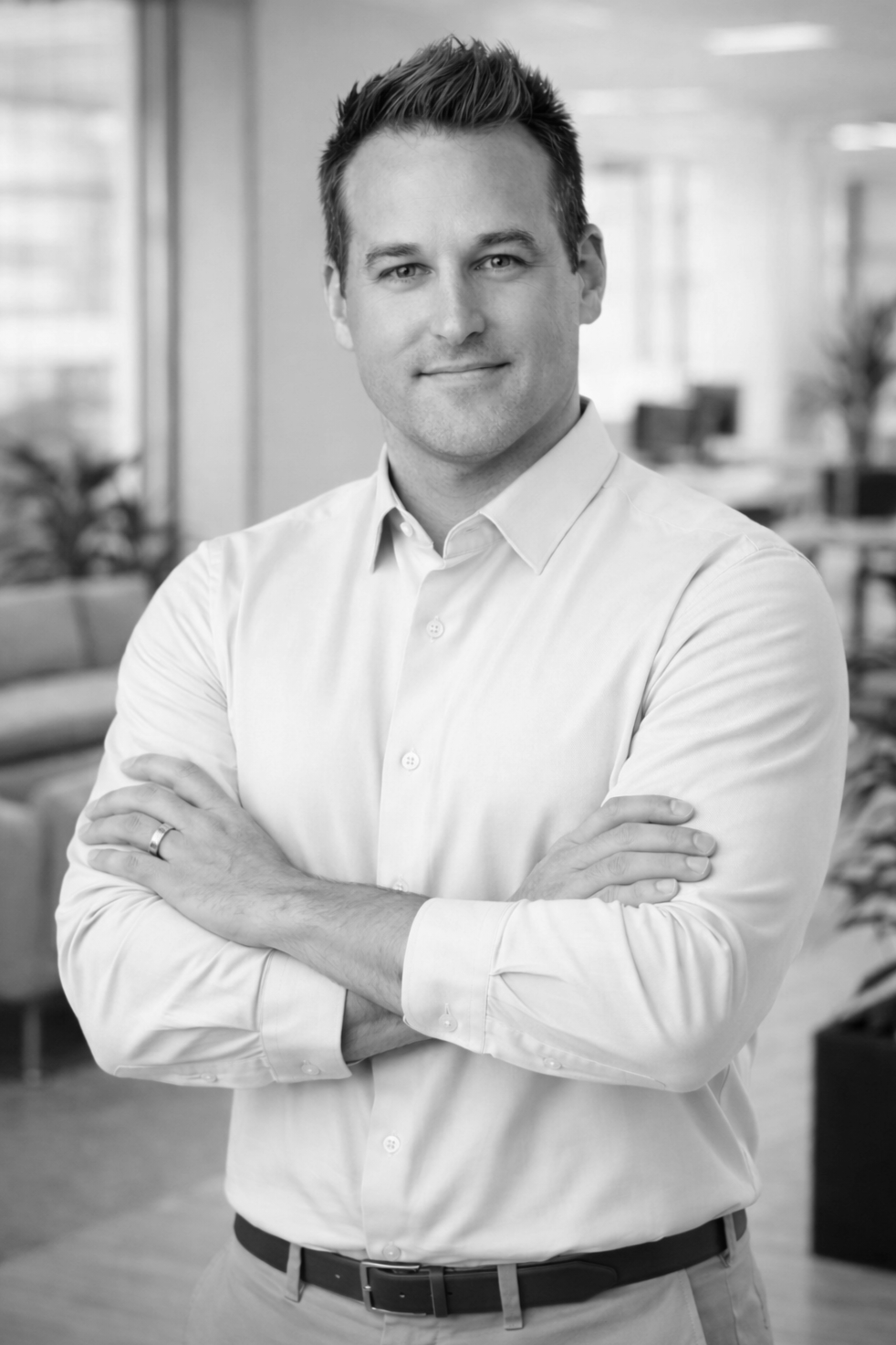 Black and white photo of a man with short hair, wearing a light-colored button-down shirt with the sleeves rolled up, crossed arms, smiling, in an office environment with blurred furniture and windows in the background.