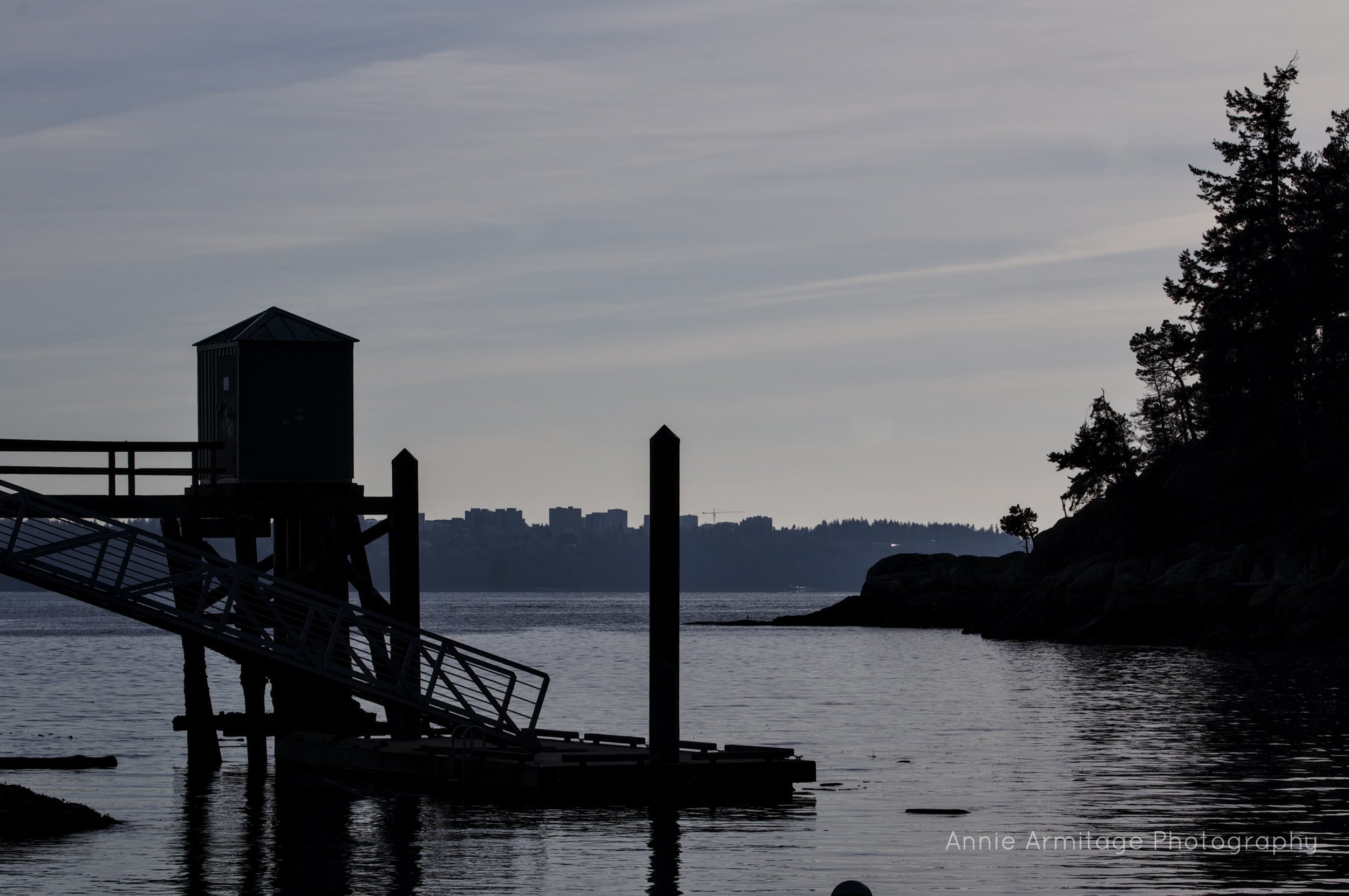 Silhouette of a dock with a small building and stairs by the water, trees on a rocky shoreline, and a cityscape in the distance during dusk or dawn.