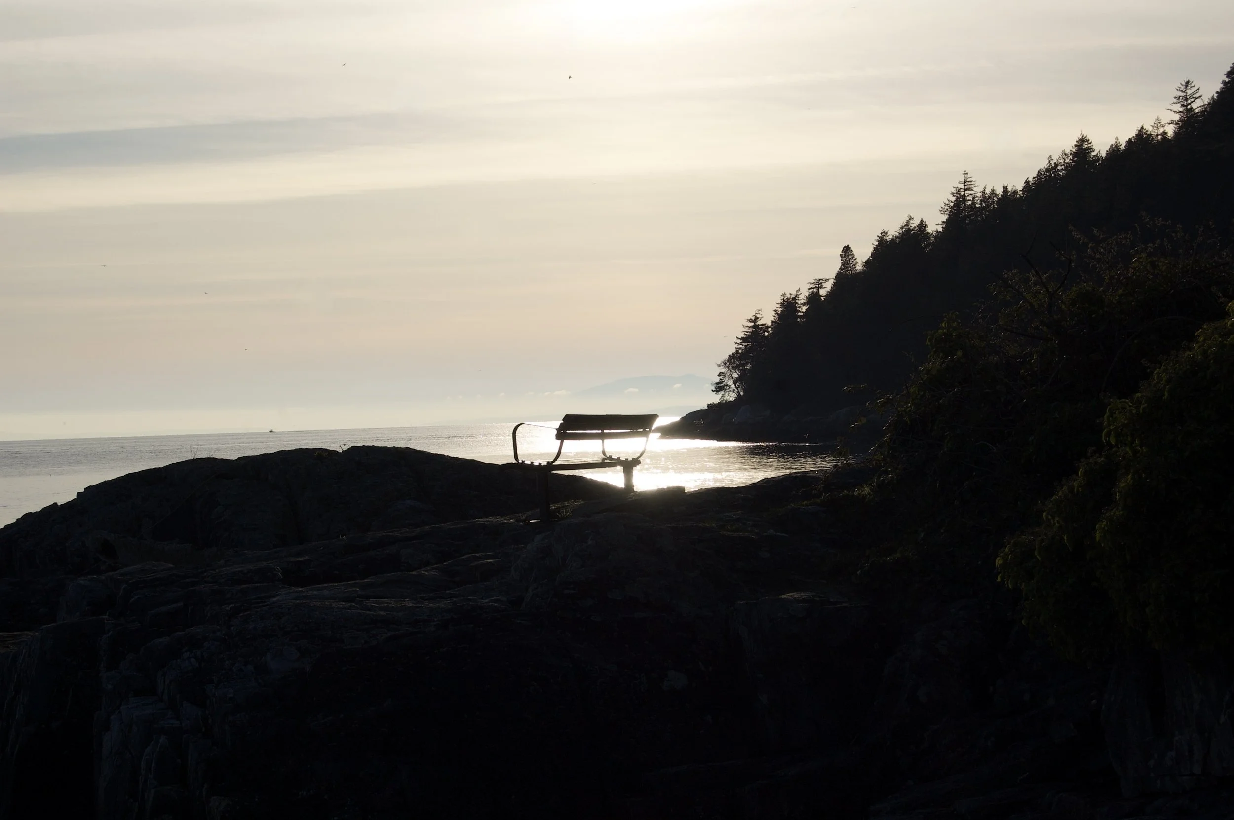 A solitary park bench on rocks facing the ocean at sunset, with a silhouette of a wooded hill on the right.