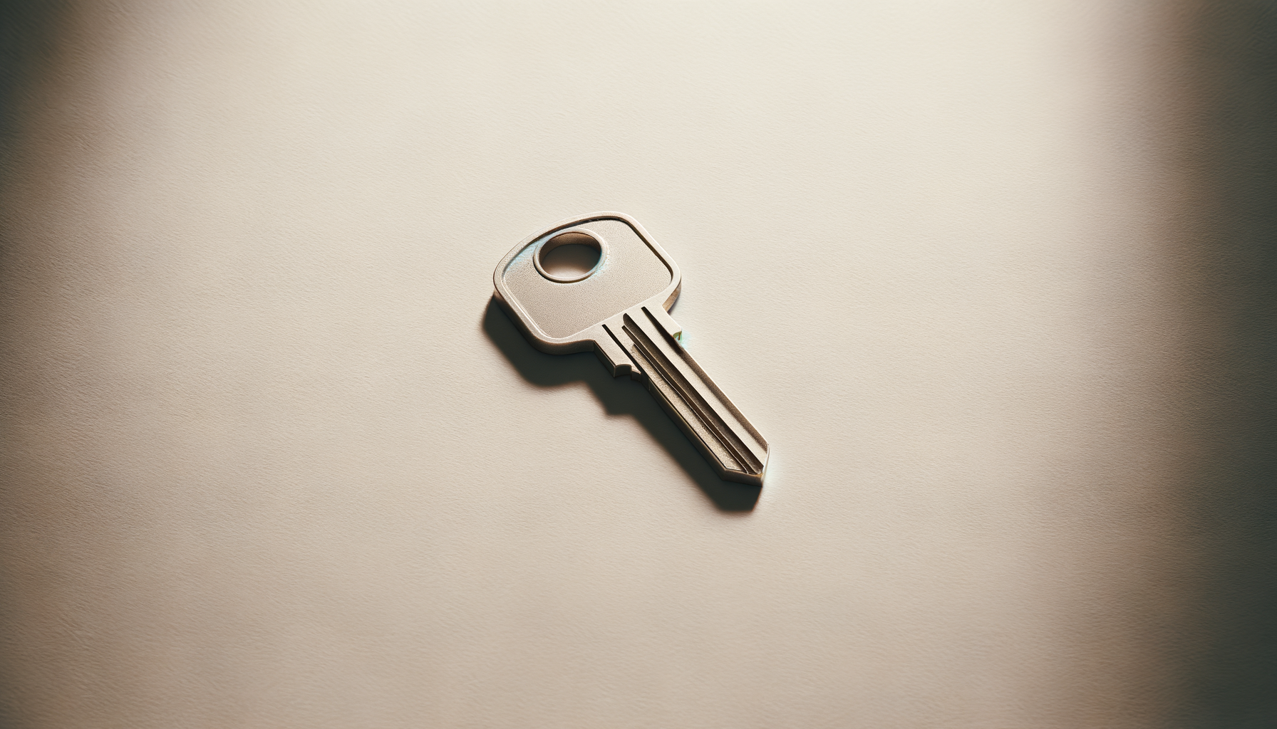 A single silver key lying on a plain beige surface.
