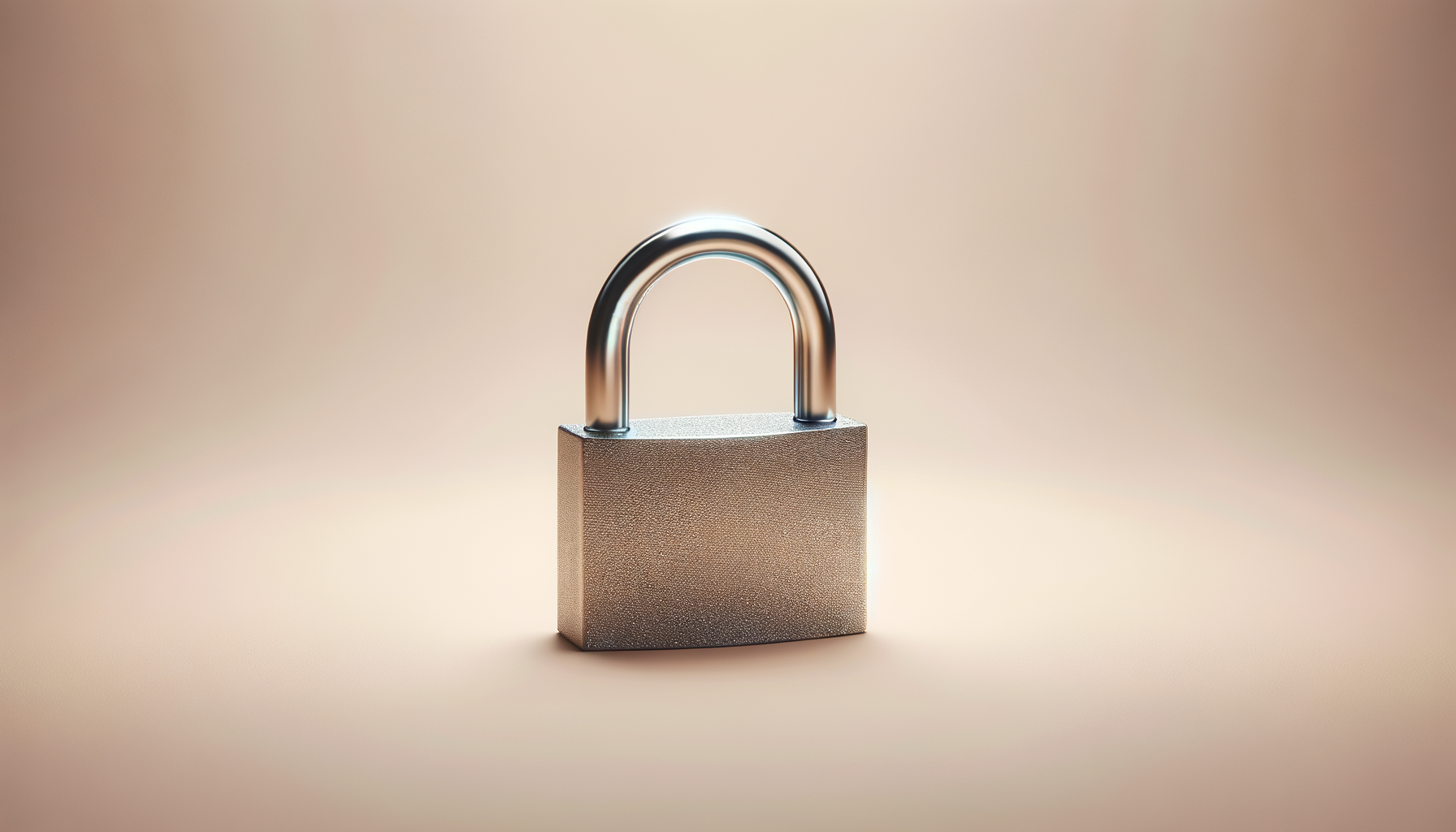 A closed silver padlock with a textured body and shiny curved shackle on a beige background.