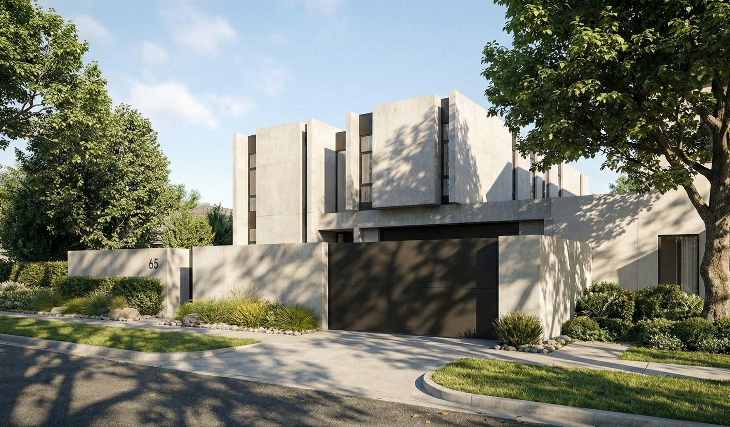 Modern house with concrete facade, black garage door, landscaped front yard with trees, shrubs, and rocks, and street number 65 visible.