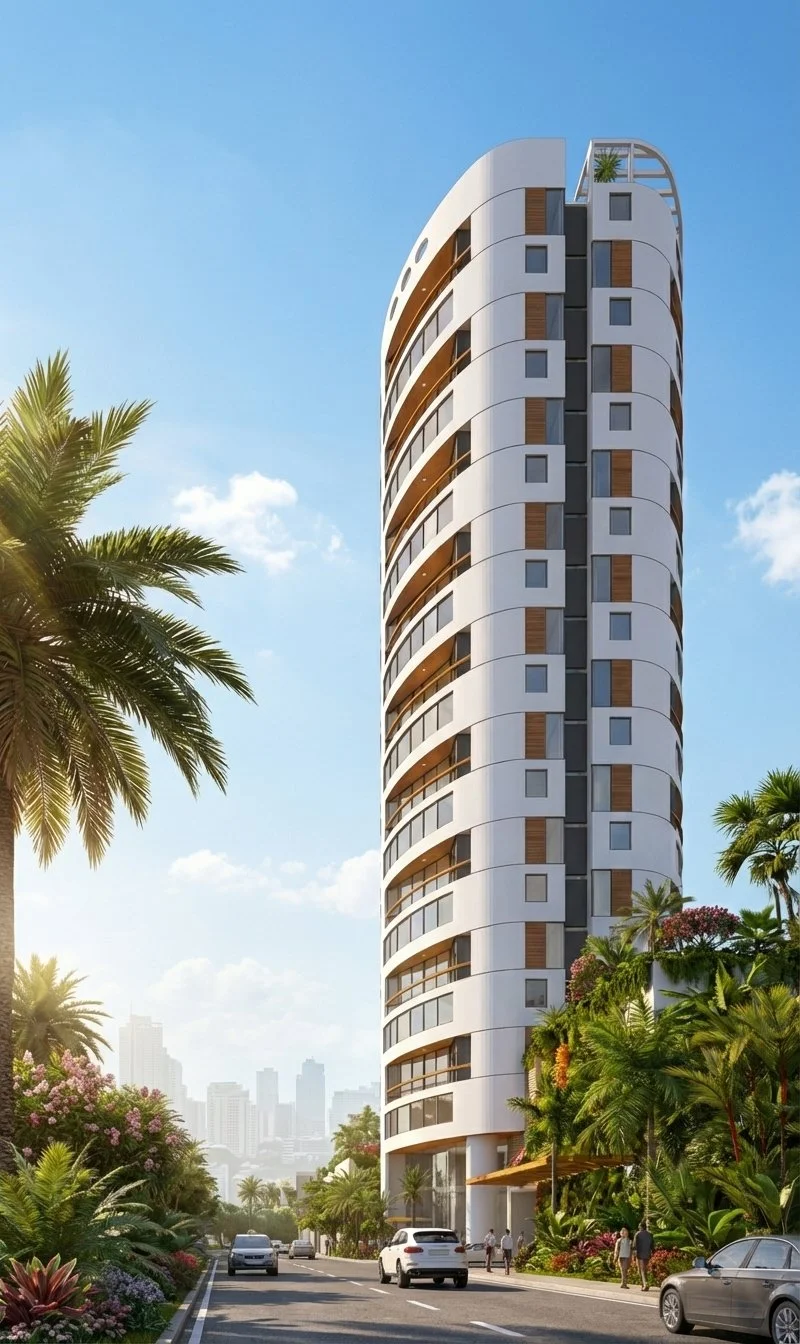 Modern high-rise white apartment building with curved balconies, surrounded by palm trees and lush tropical plants, with a city skyline in the distance under a blue sky.