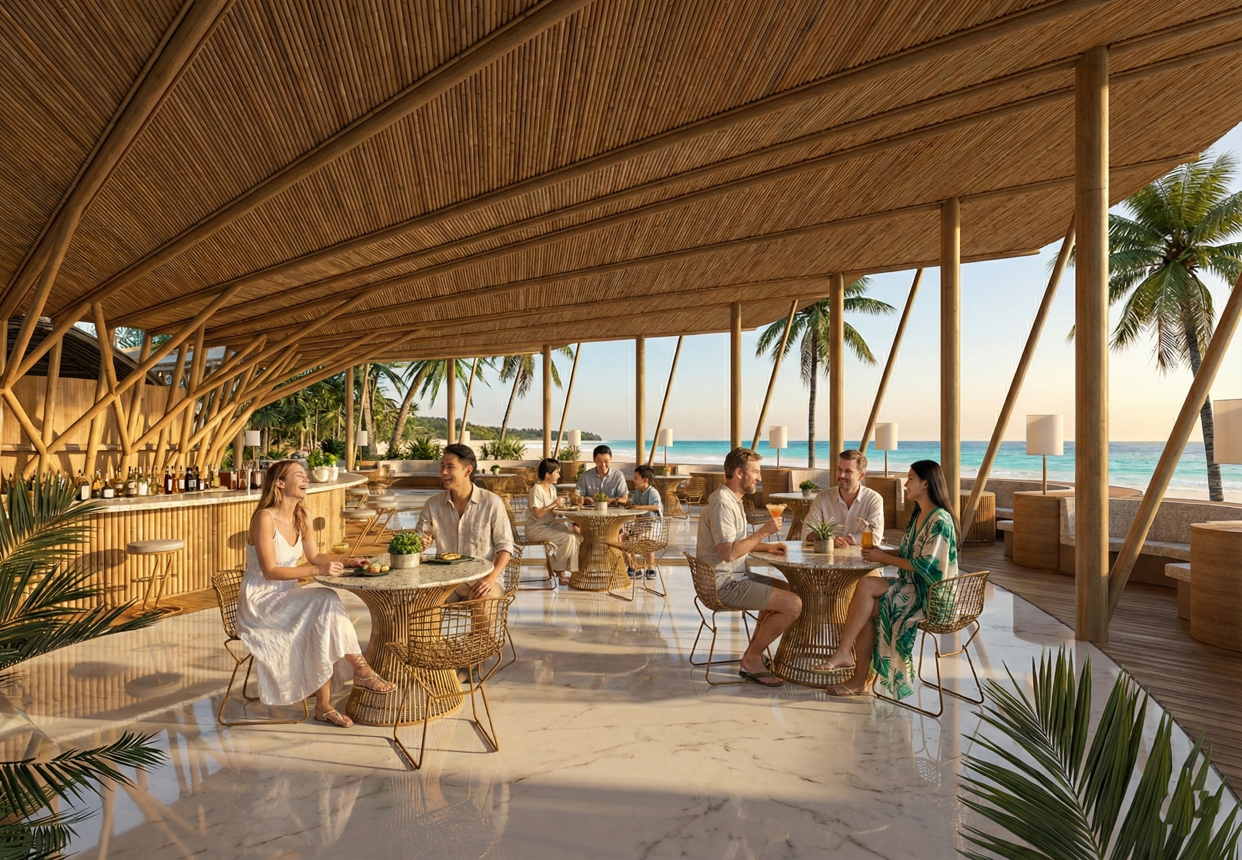 People dining at a tropical beachside restaurant with a wooden roof, palm trees, and ocean view.