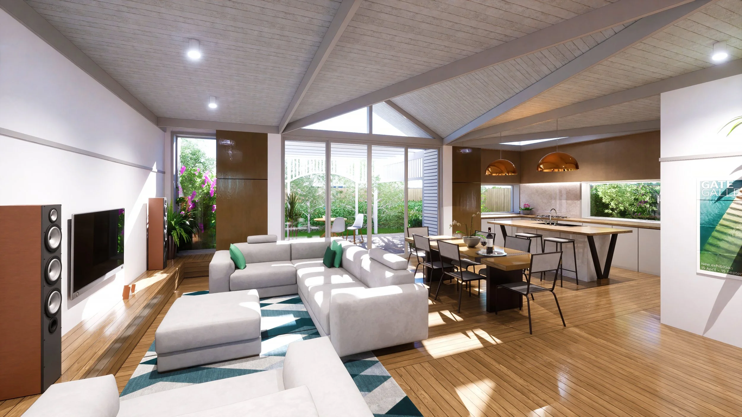 Open-concept living room and kitchen with large windows, sectional sofa with green pillows, wooden flooring, flat-screen TV, and dining area.