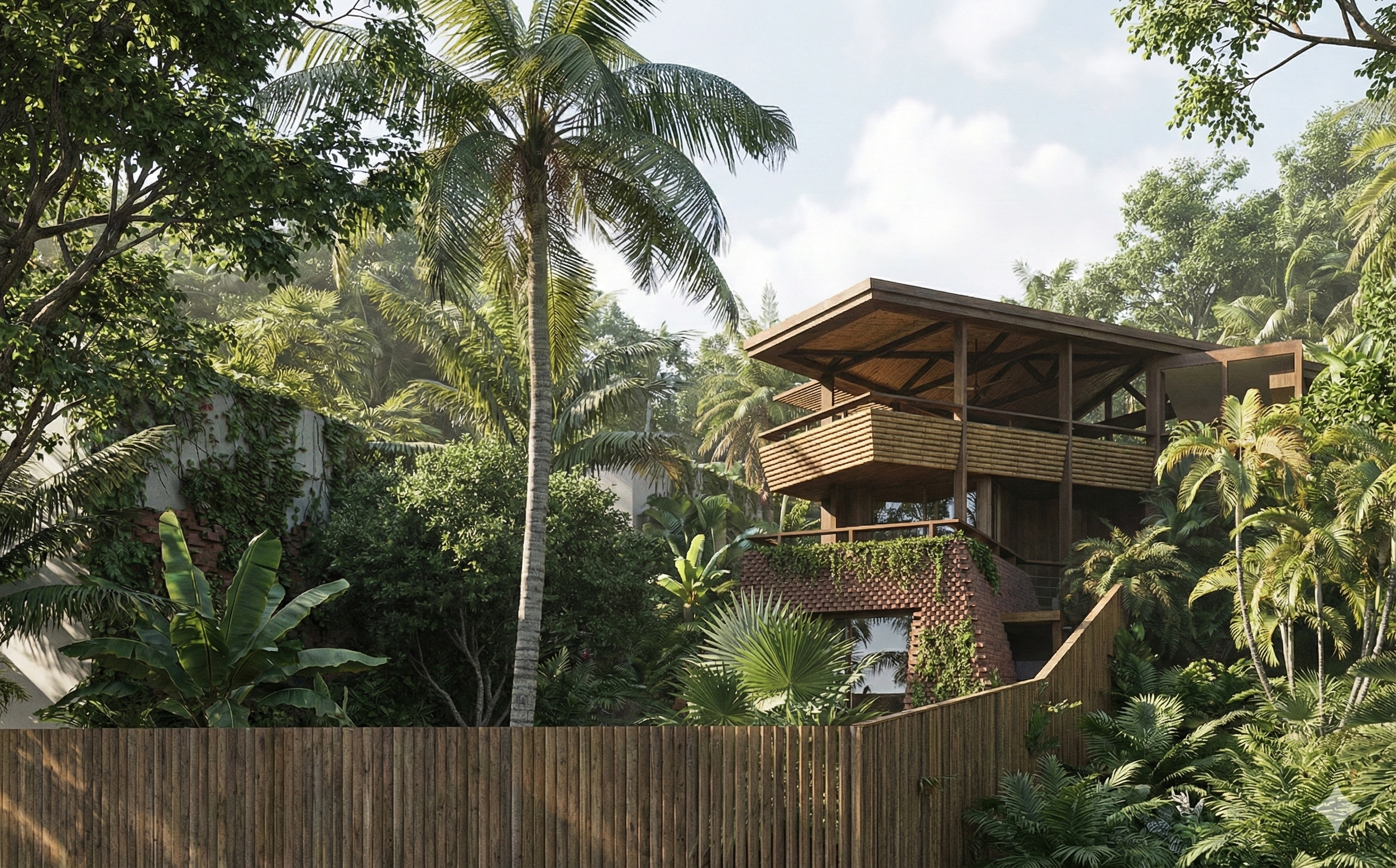 A multi-story house surrounded by tropical plants and trees, featuring a roofed balcony and a wooden staircase, with a wooden fence in the foreground.