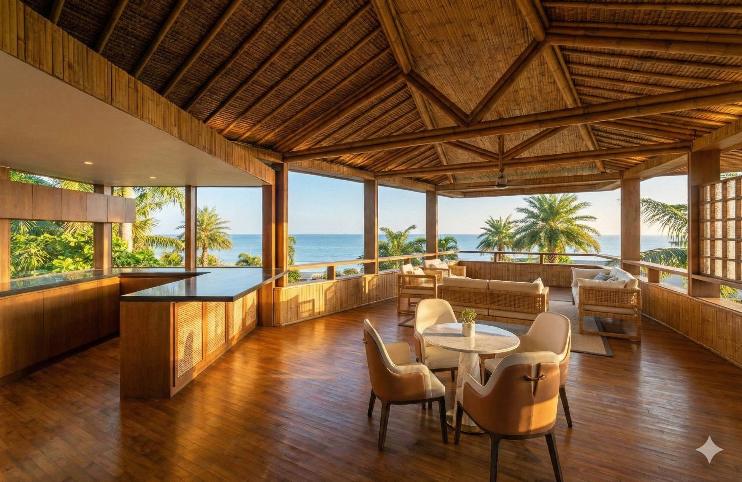 Open-air lounge area with wooden flooring, rattan furniture, and a view of palm trees and the ocean in the background.