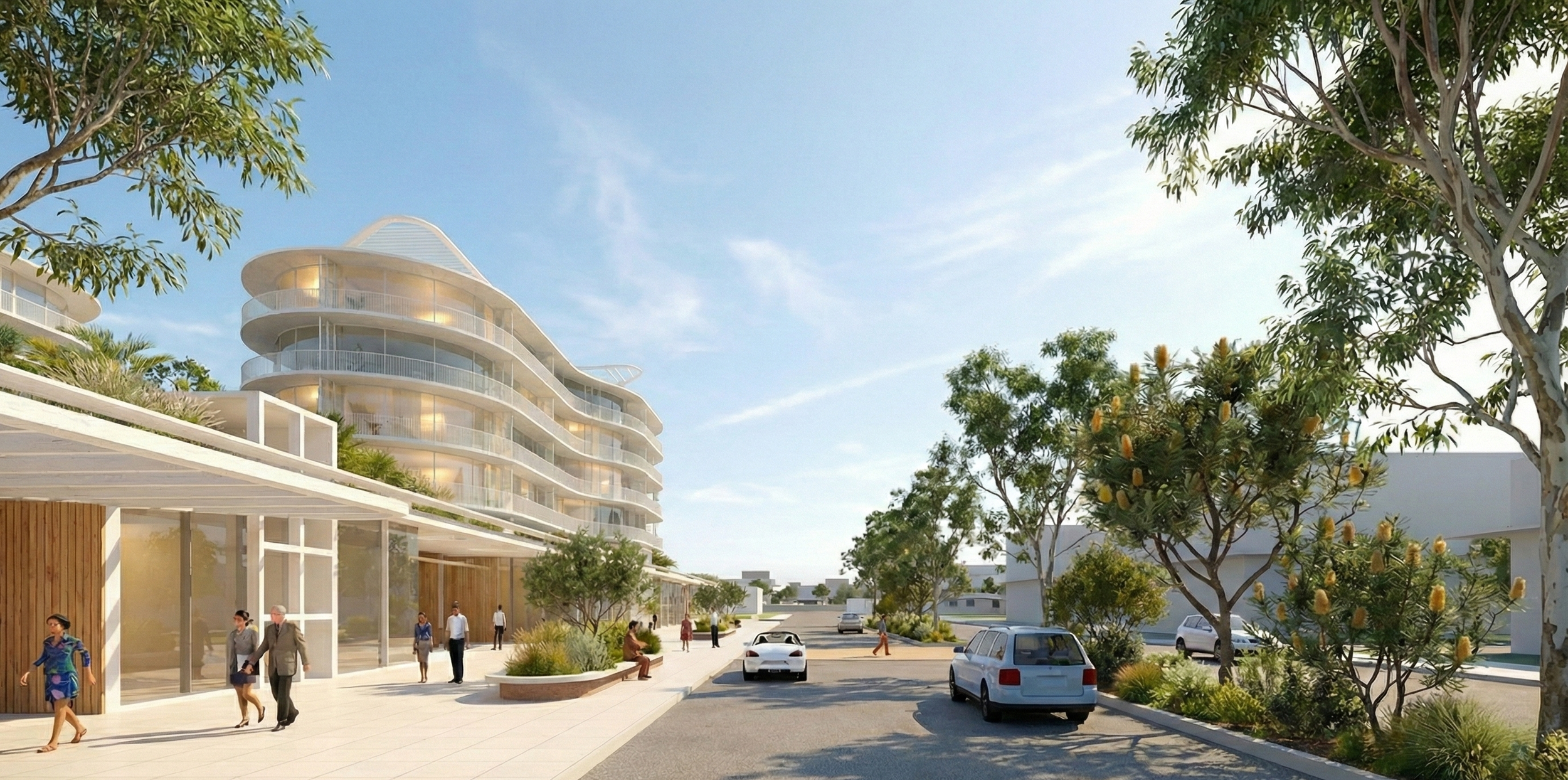 Digital rendering of a modern urban streetscape with a curvy, multi-story building on the left, people walking on the sidewalk, trees, and parked cars under a blue sky.
