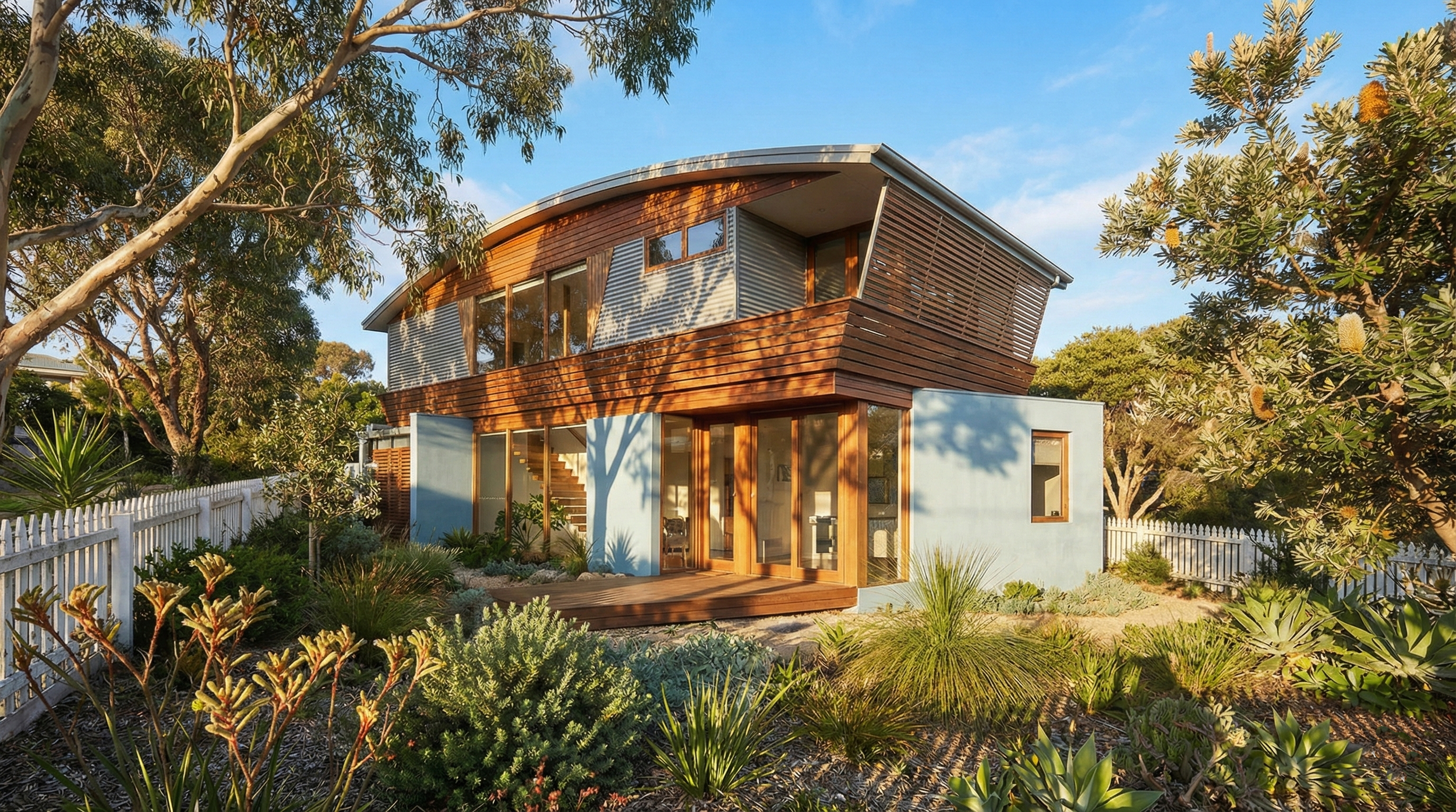 Modern two-story house with a wooden upper level and a light blue lower level, surrounded by a garden with various plants, trees, and a white picket fence, under a blue sky.