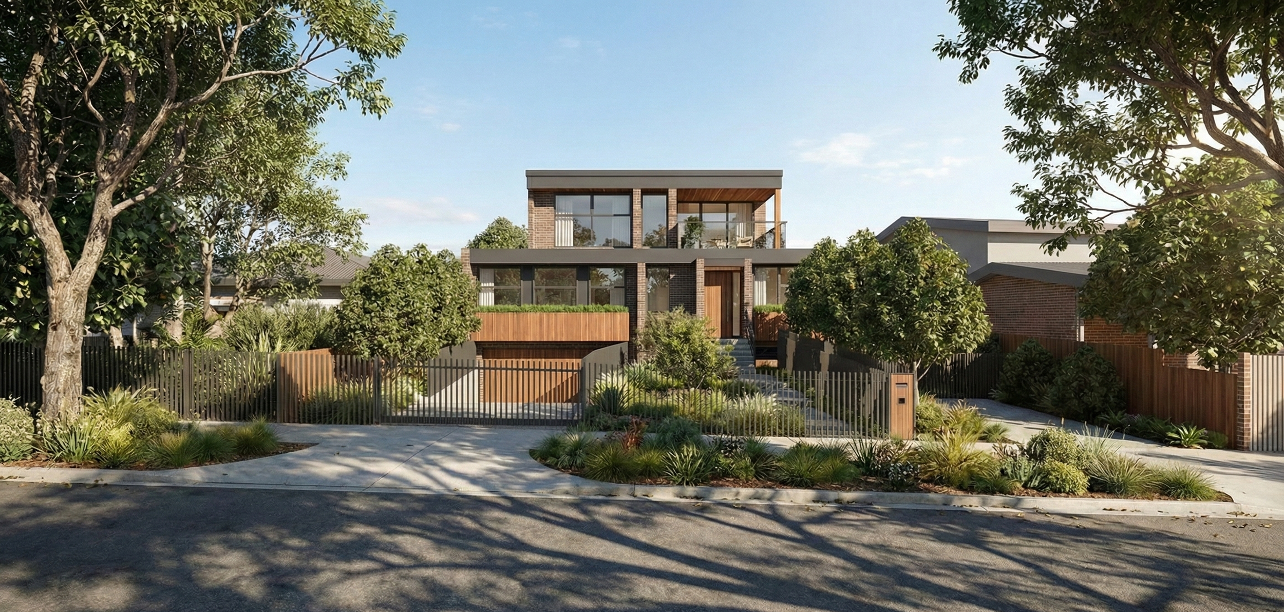 Modern two-story house with large glass windows, wooden accents, and a balcony on the upper level, surrounded by landscaped greenery and trees on a sunny day.