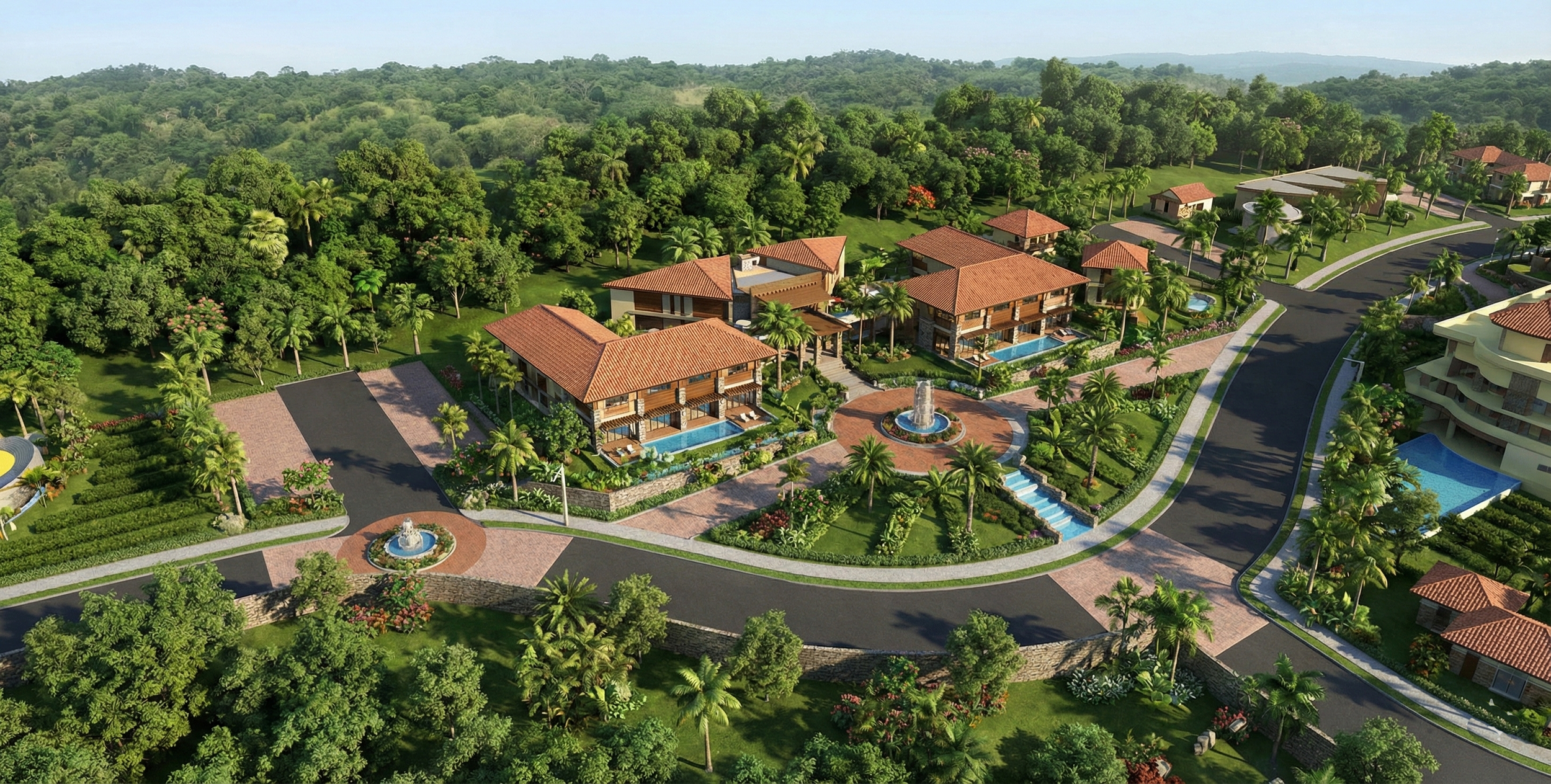 Aerial view of a residential community with multiple houses featuring red-tiled roofs, surrounded by lush greenery and trees, with paved roads, fountains, and landscaped gardens.