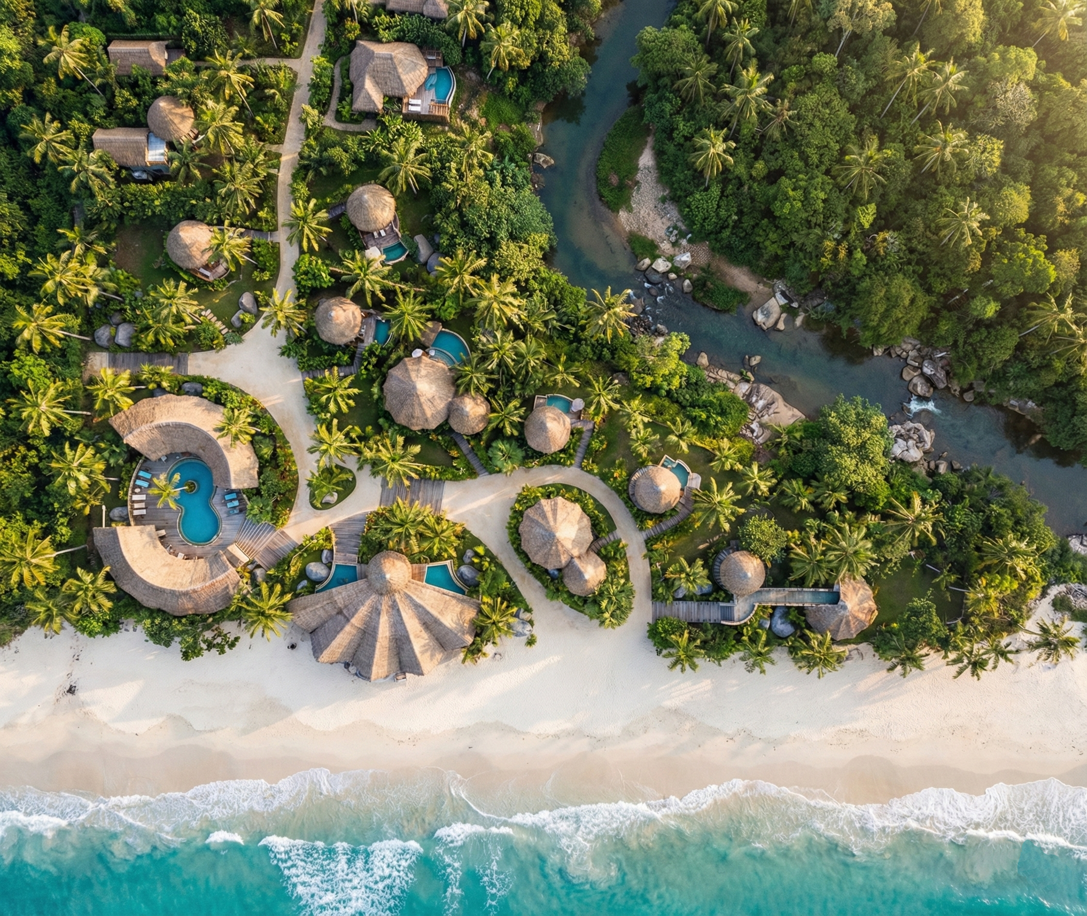 Aerial view of a tropical beach resort with thatched-roof huts, palm trees, swimming pools, sandy beach, and ocean waves.