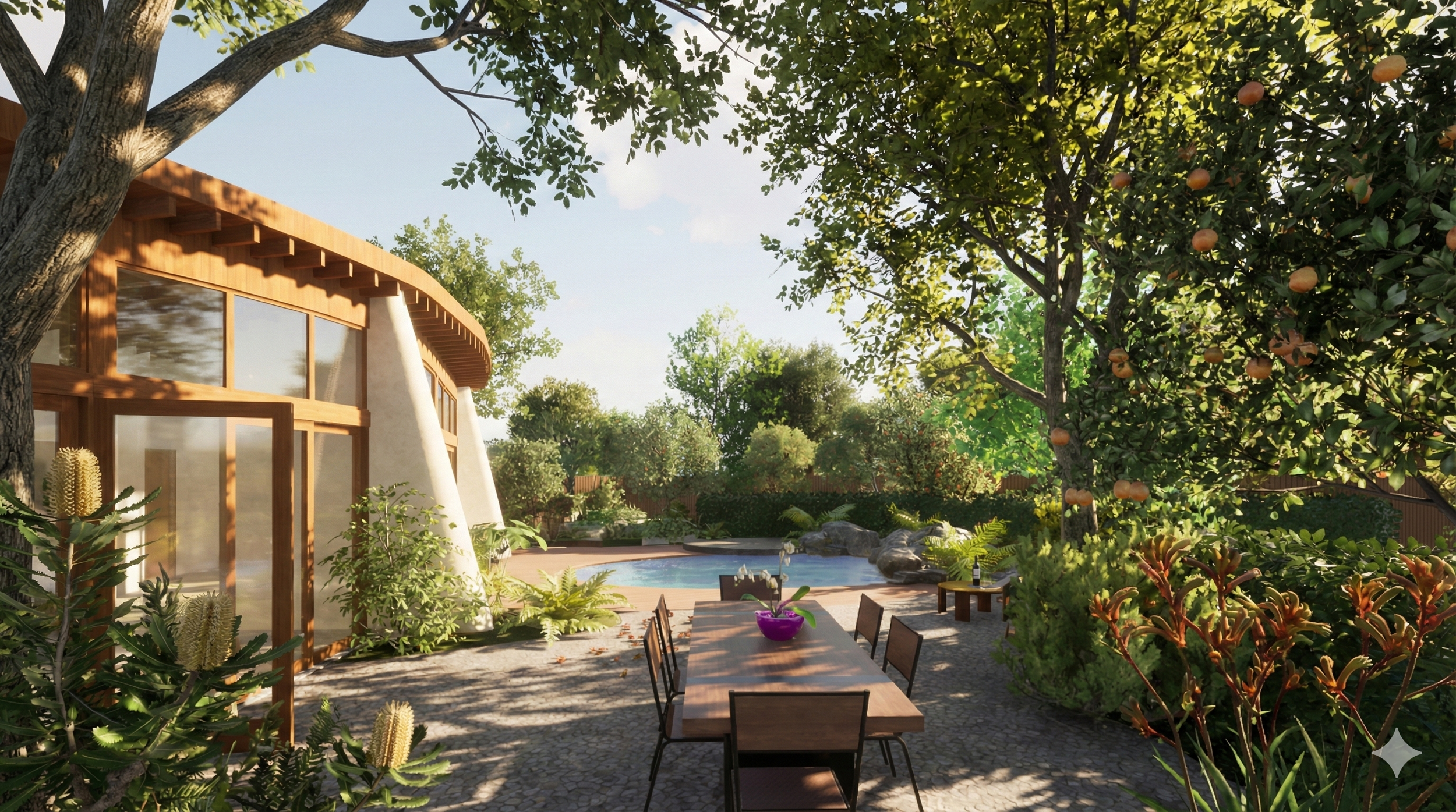 A modern backyard with a wooden house, outdoor dining table with six chairs, a swimming pool, and lush green trees and plants, including an orange tree with fruit.