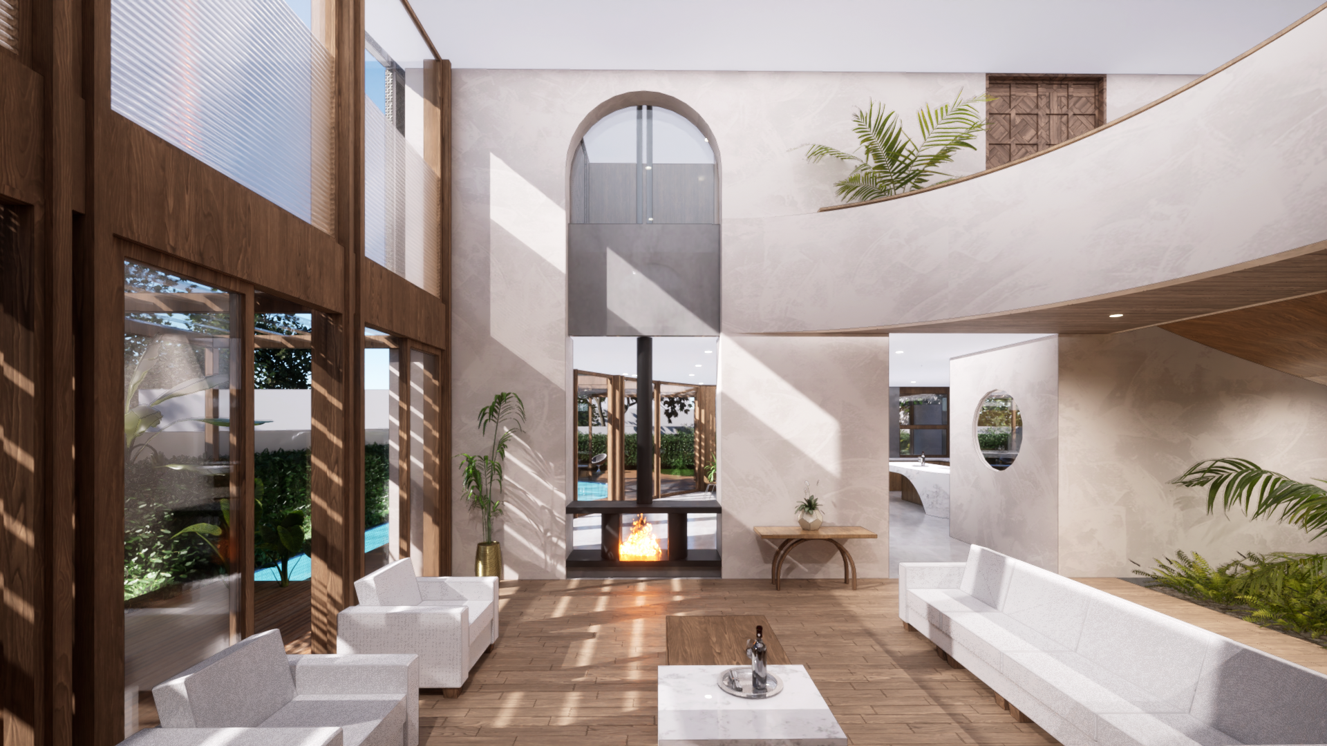 Modern living room with high ceilings, large windows, a fireplace, white sofas, wooden accents, and indoor plants.