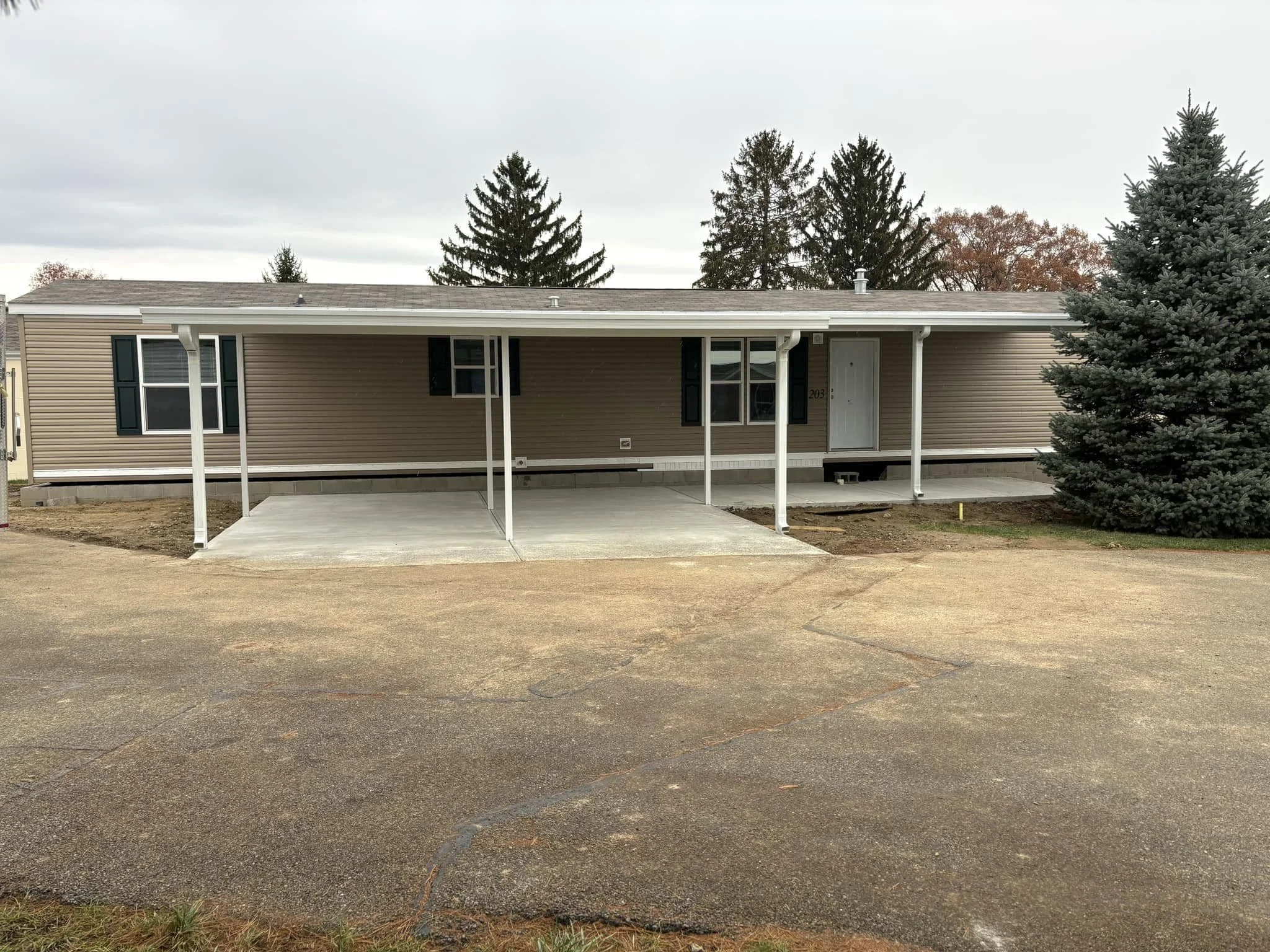 Single-story manufactured home with a carport, beige siding, and green shutters, surrounded by a dirt and paved yard, with a large evergreen tree on the right and several taller trees in the background under an overcast sky.