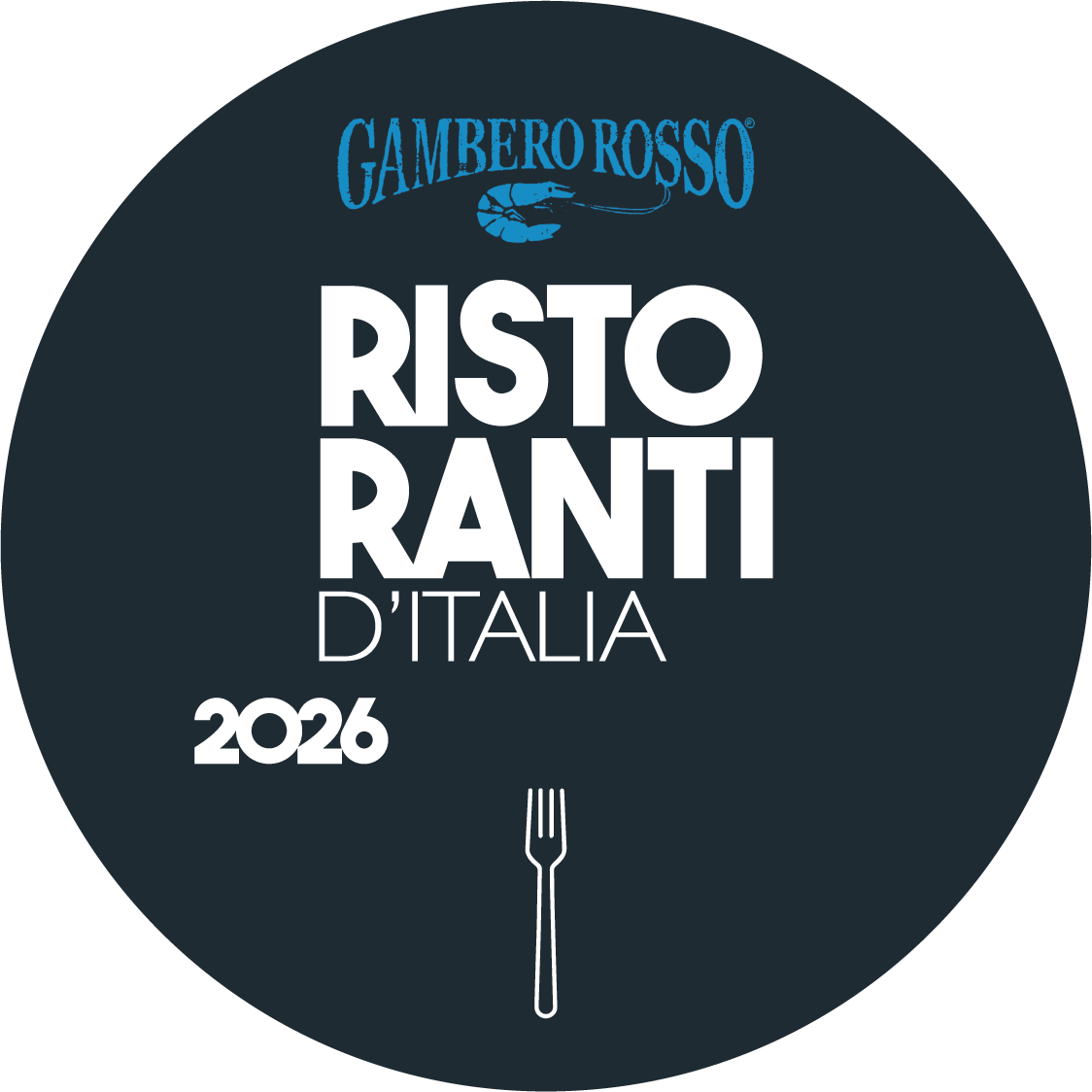 Logo di Ristorante d'Italia 2026, con un'ombrello blu scuro, il testo in bianco e blu, una forchetta stilizzata sotto il testo e un primo piano di gambero blu sopra con scritto Gambero Rosso.