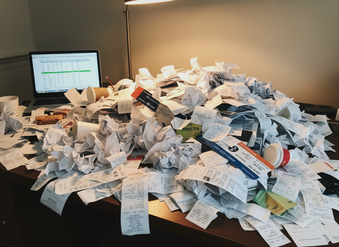 Messy receipts and paperwork showing disorganized freelancer bookkeeping