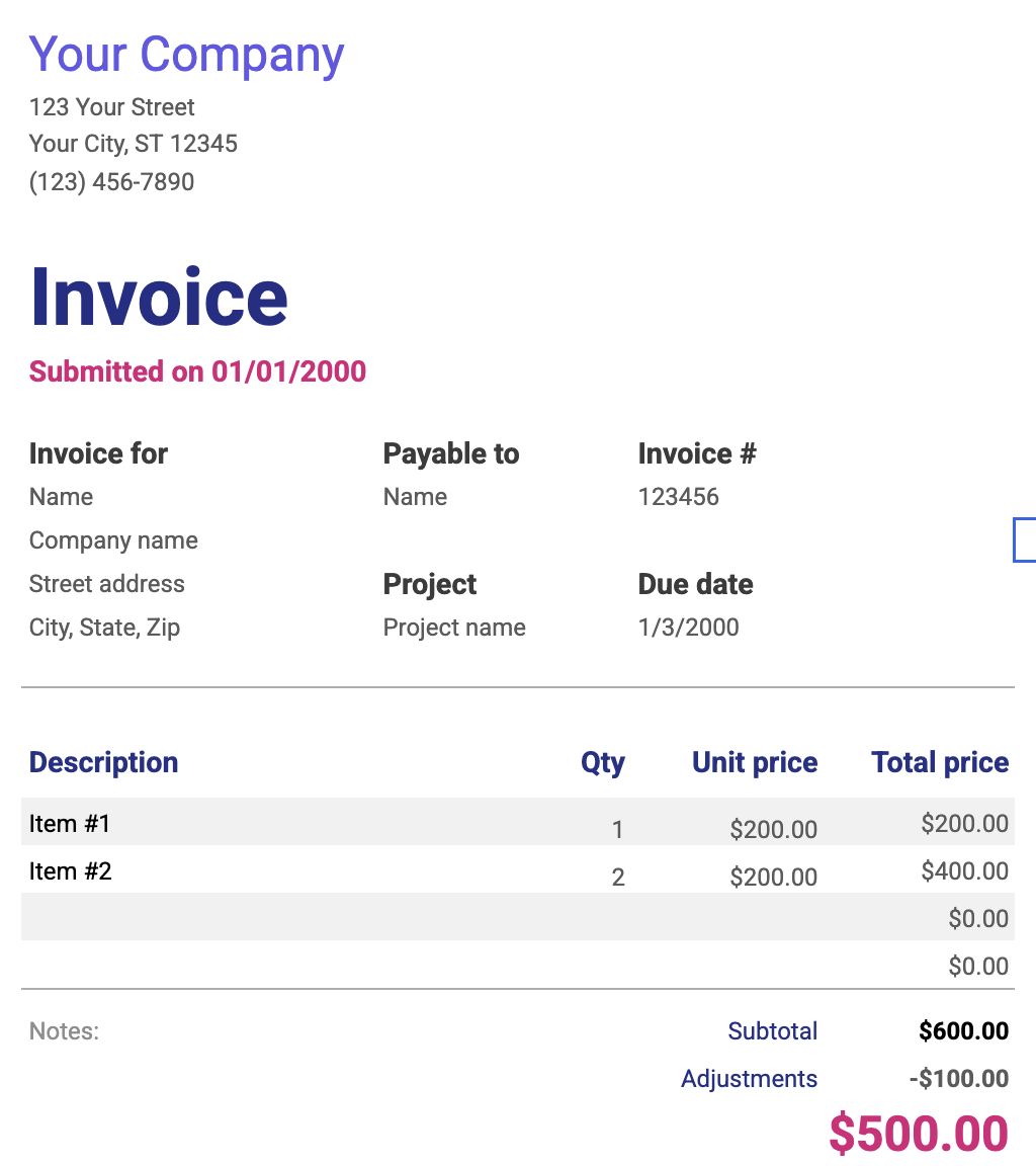 Example of a clean, professional invoice template for freelancers and small businesses