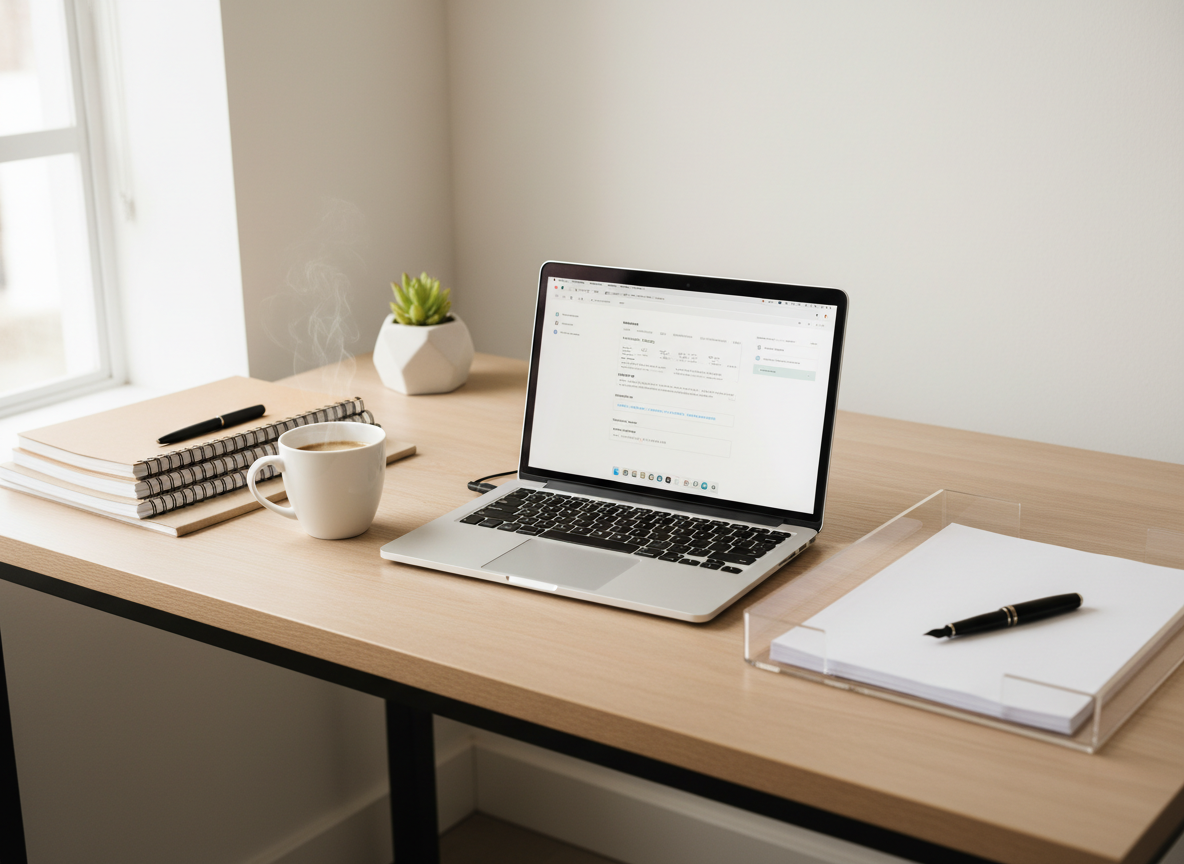 Organized home office workspace with a laptop and neatly arranged paperwork for freelancers managing business documents