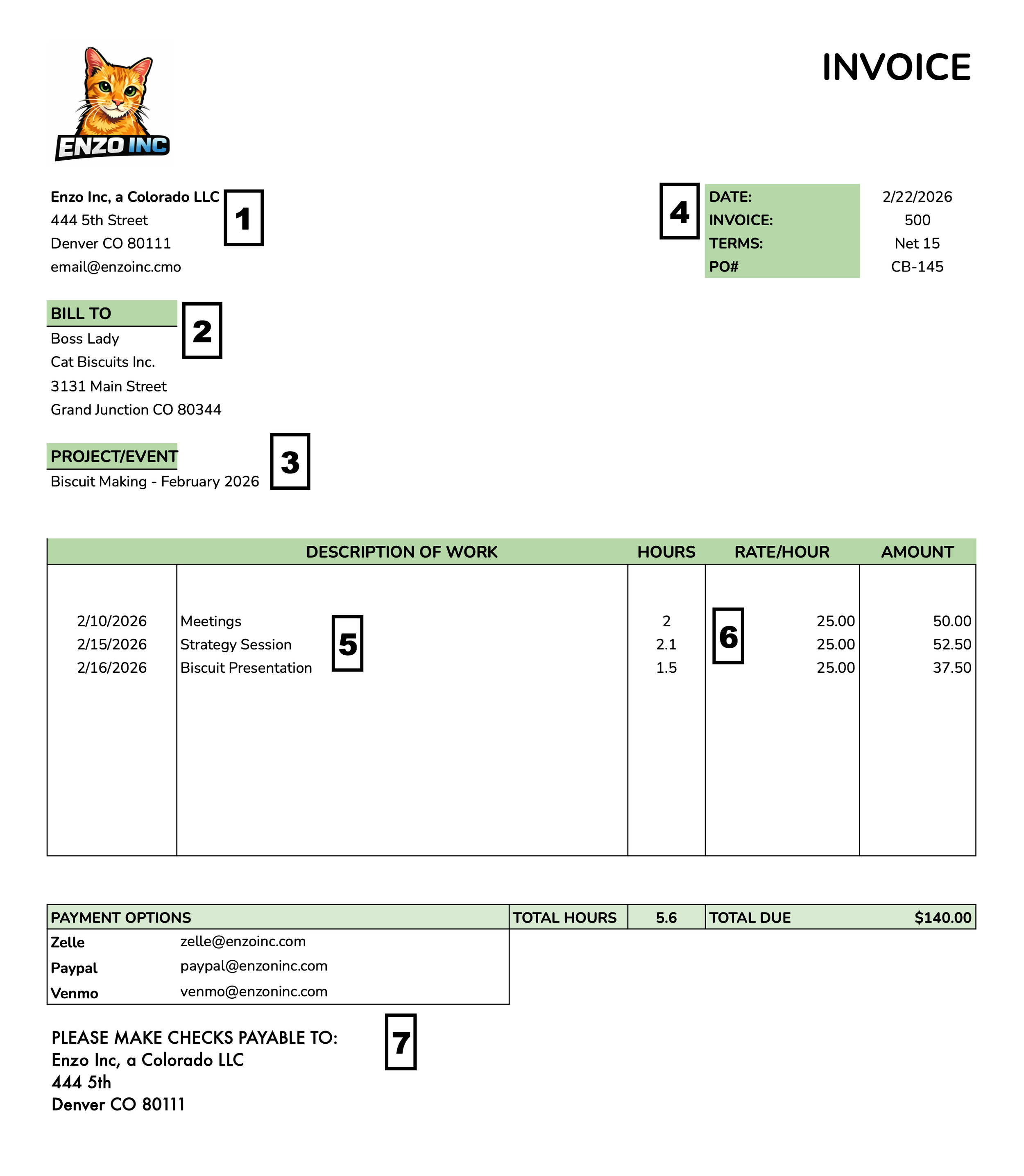 Freelance invoice template showing hourly billing for service-based businesses