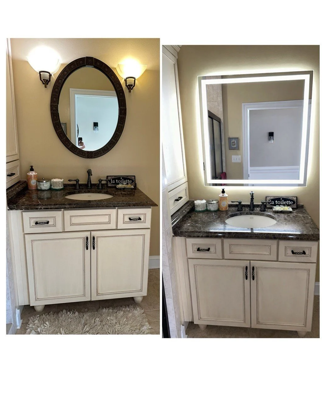 Before and after photos of a bathroom vanity with a large square mirror; before has a regular mirror with ornate dark brown frame, after has a backlit LED square mirror; the vanity has a dark granite countertop, soap dispenser, and decorative sign reading "la toilette".