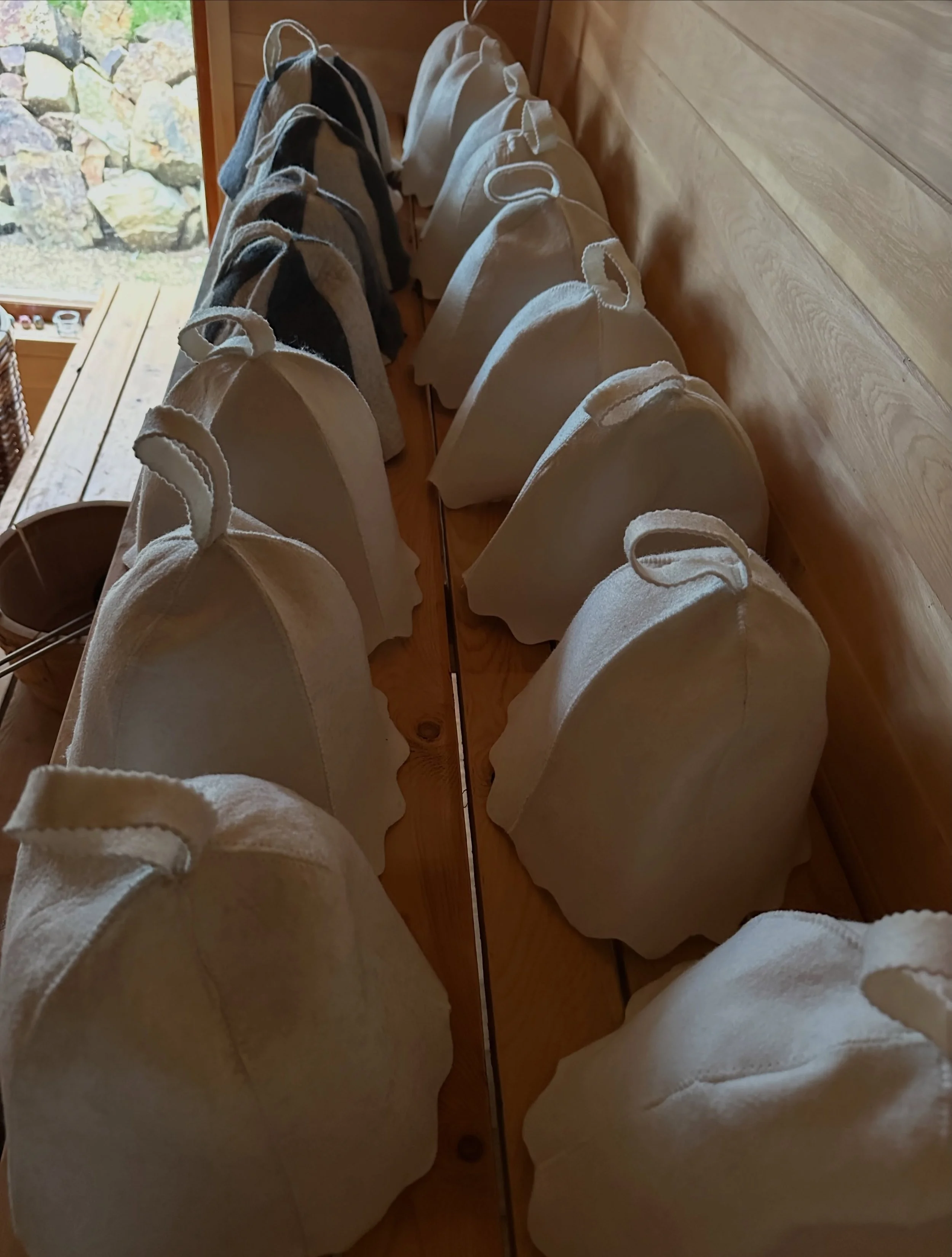 An army of sauna hats drying after a very busy Saturday. Freshly washed and back in the sauna, getting ready for another weekend of wood-fired heat. 🔥

Thank you to everyone who joined us yesterday. The turnout was beyond what we expected, and we&rs