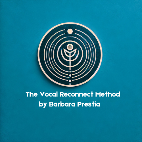 Book cover for "The Vocal Reconnect Method" by Barbara Prestia, featuring a blue background with a circular, labyrinth-like design and a small circle at the top.