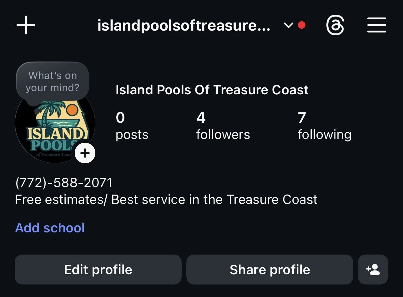 Instagram profile page for Island Pools Of Treasure Coast, featuring a logo with a palm tree, ocean waves, and a setting sun, and the text "Island Pool". The profile has 0 posts, 4 followers, and is following 7 accounts, with a phone number listed and a note about free estimates and service in the Treasure Coast area.