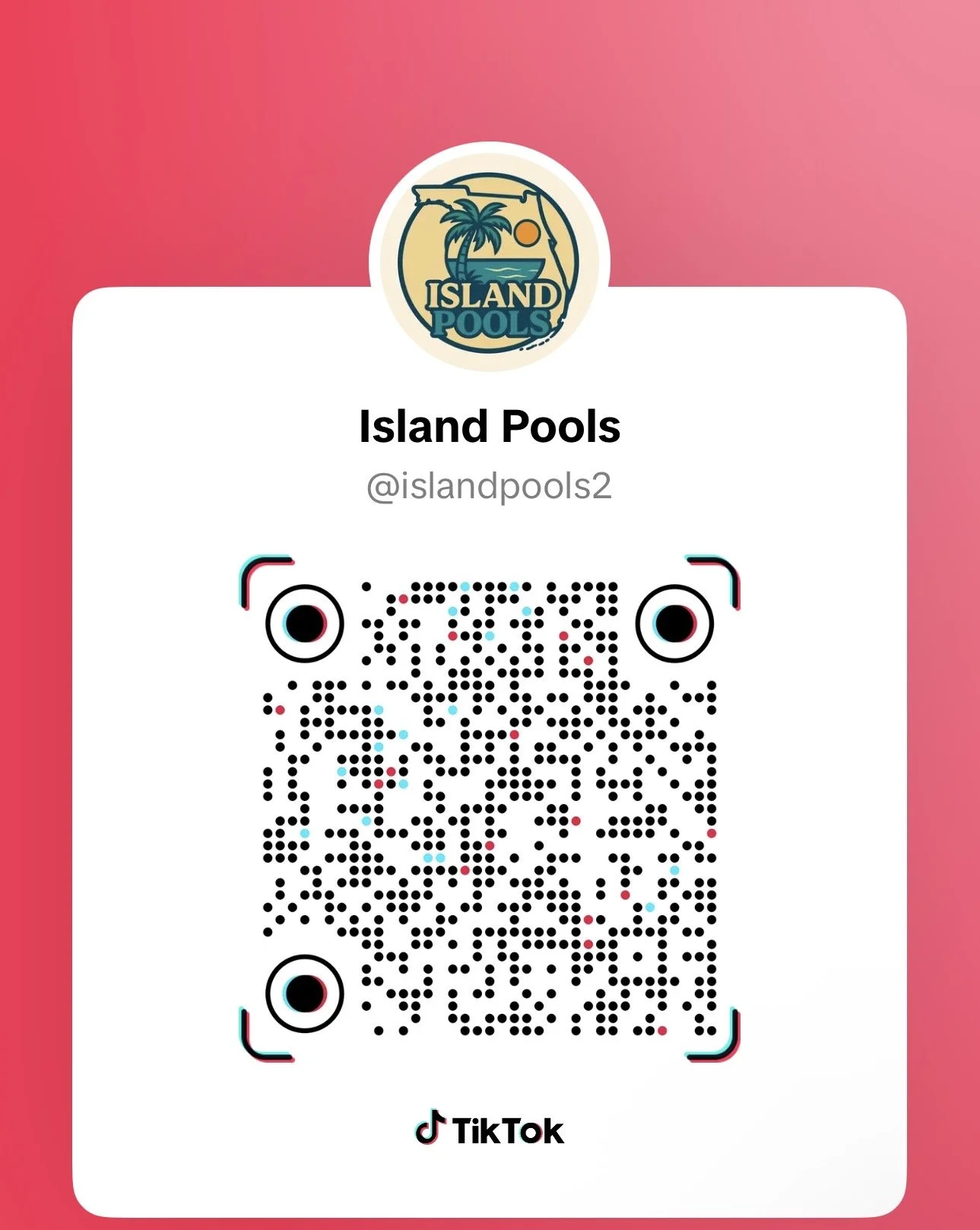 TikTok profile page for Island Pools with a custom QR code, a logo featuring palm trees and a sunset, and the username @islandpools2.
