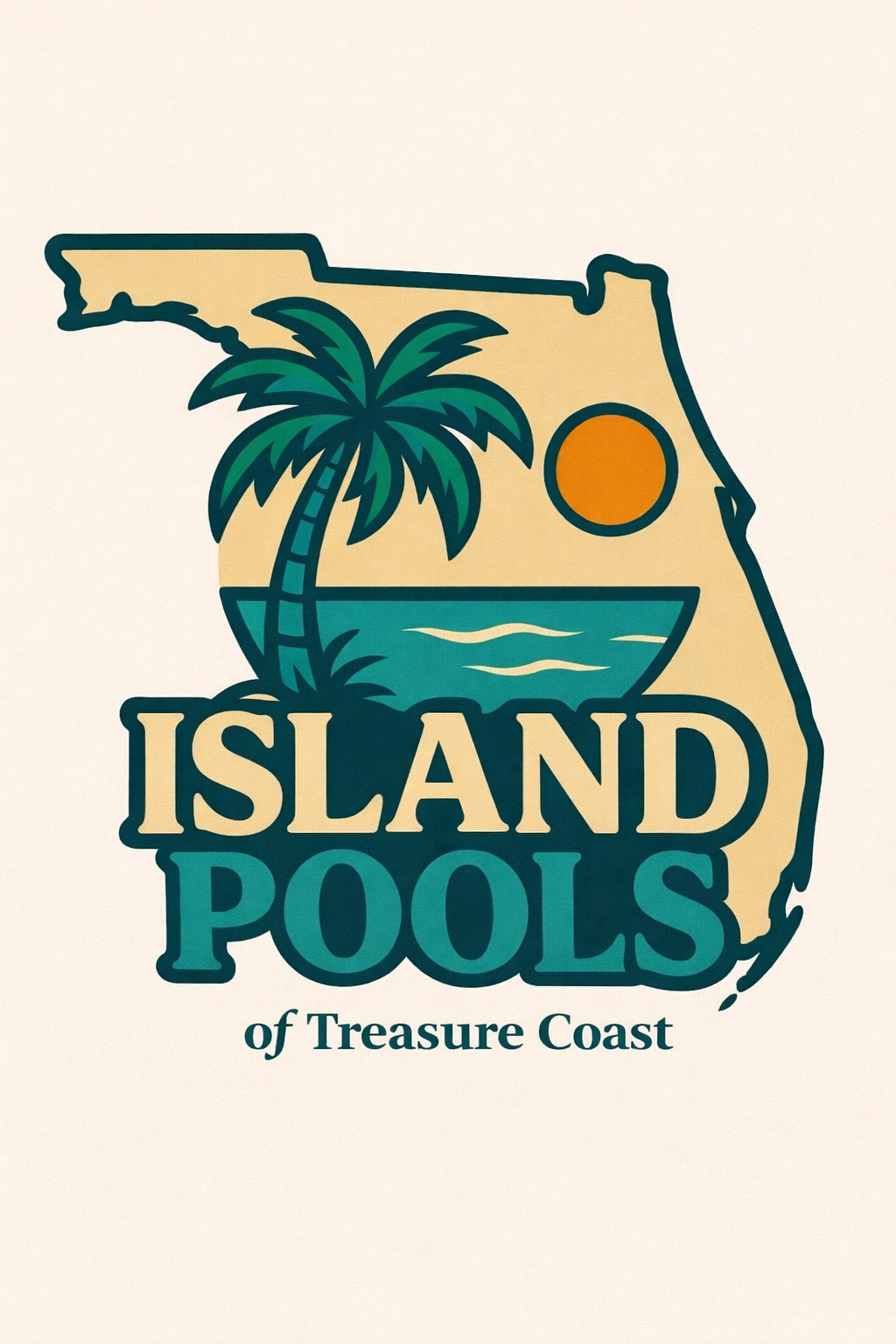 Graphic of the state of Florida with a palm tree, a sunset over water, and the text "Island Pools of Treasure Coast."