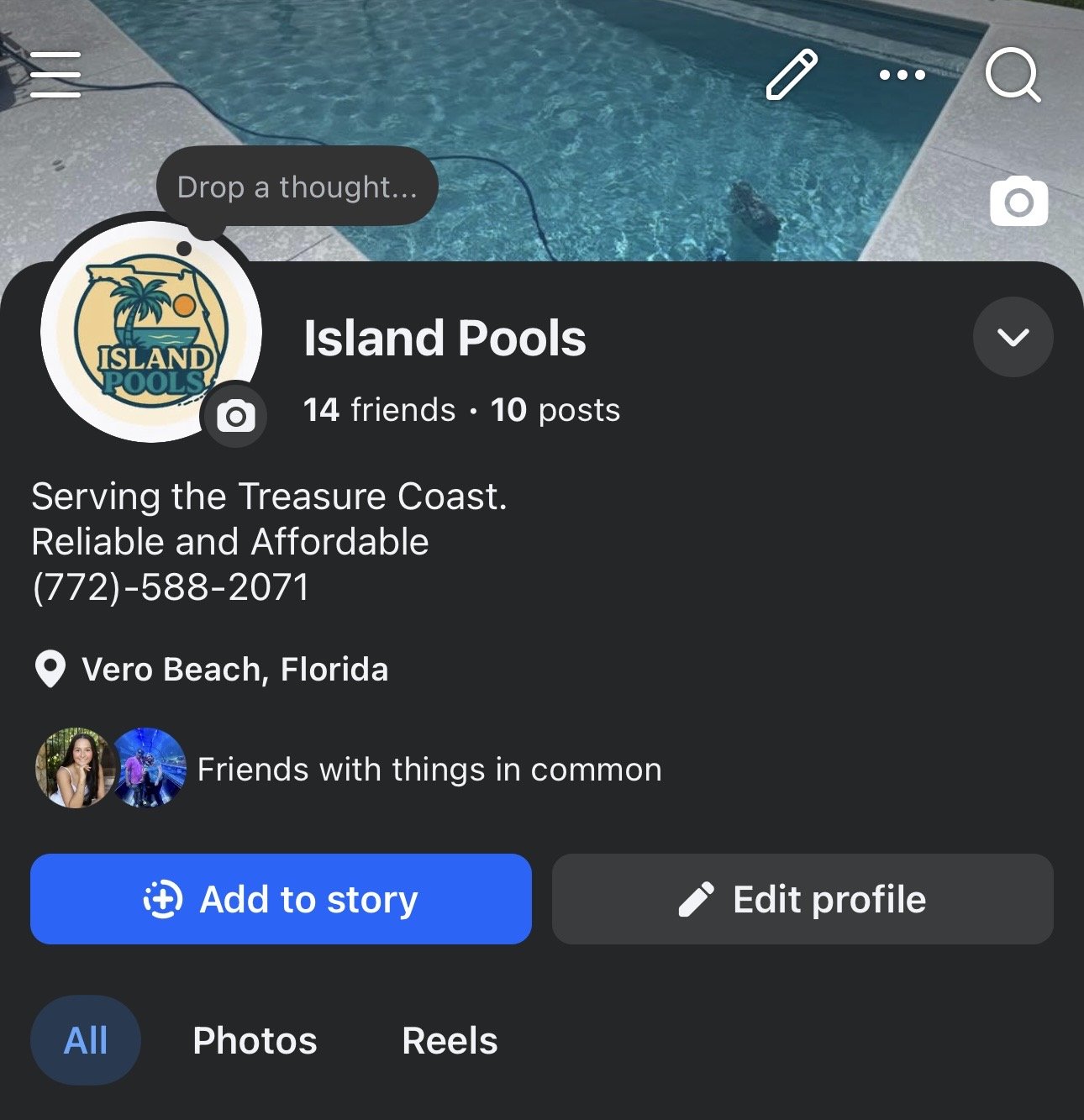 Screenshot of a Facebook profile page named Island Pools, featuring a cover photo of a swimming pool with a submerged pool cleaner or robot. The profile indicates the location as Vero Beach, Florida, and includes contact information and a logo with a palm tree, sunset, and the text "Island Pools."
