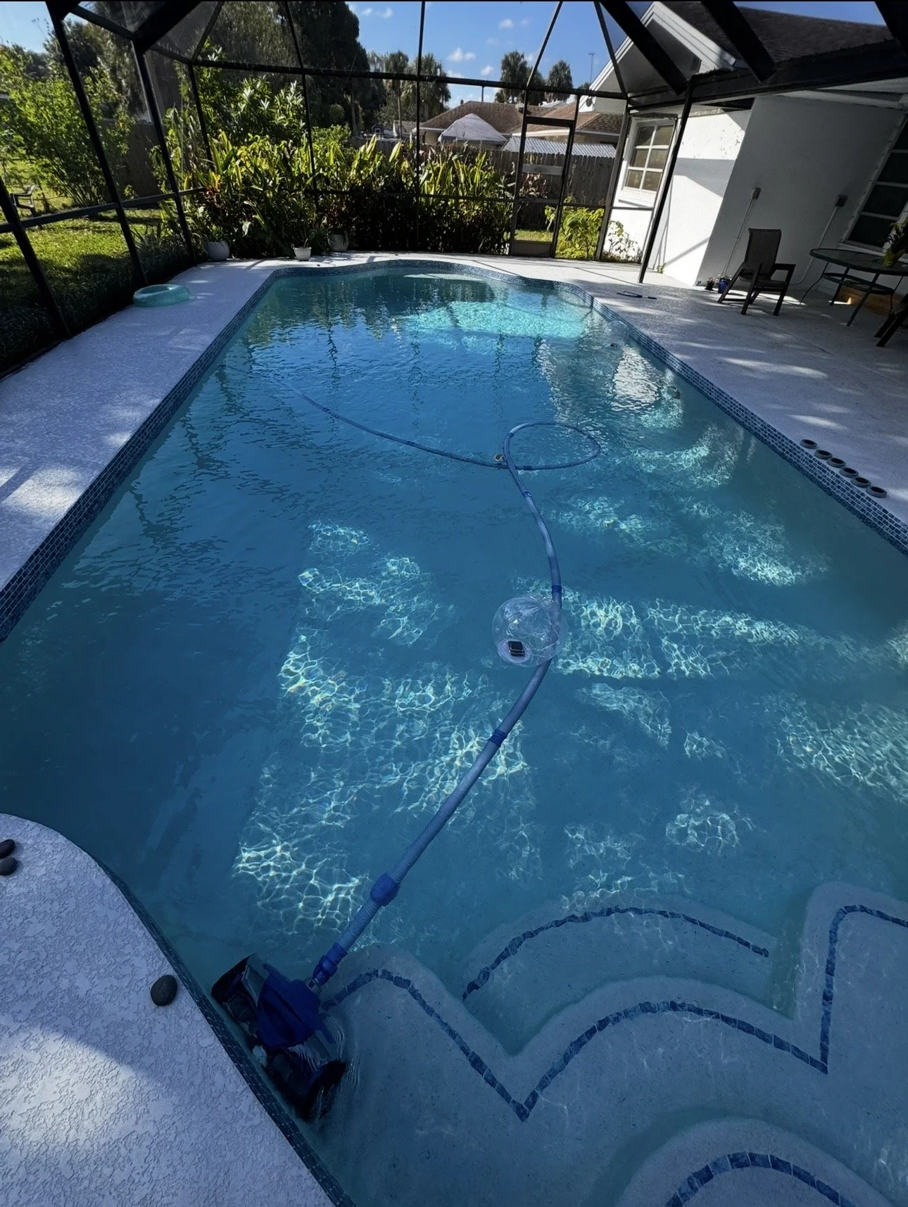 Residential backyard swimming pool enclosed with a screened outdoor porch, with pool cleaning equipment submerged in the water. The area is well-lit with sunlight and has surrounding greenery and outdoor furniture.